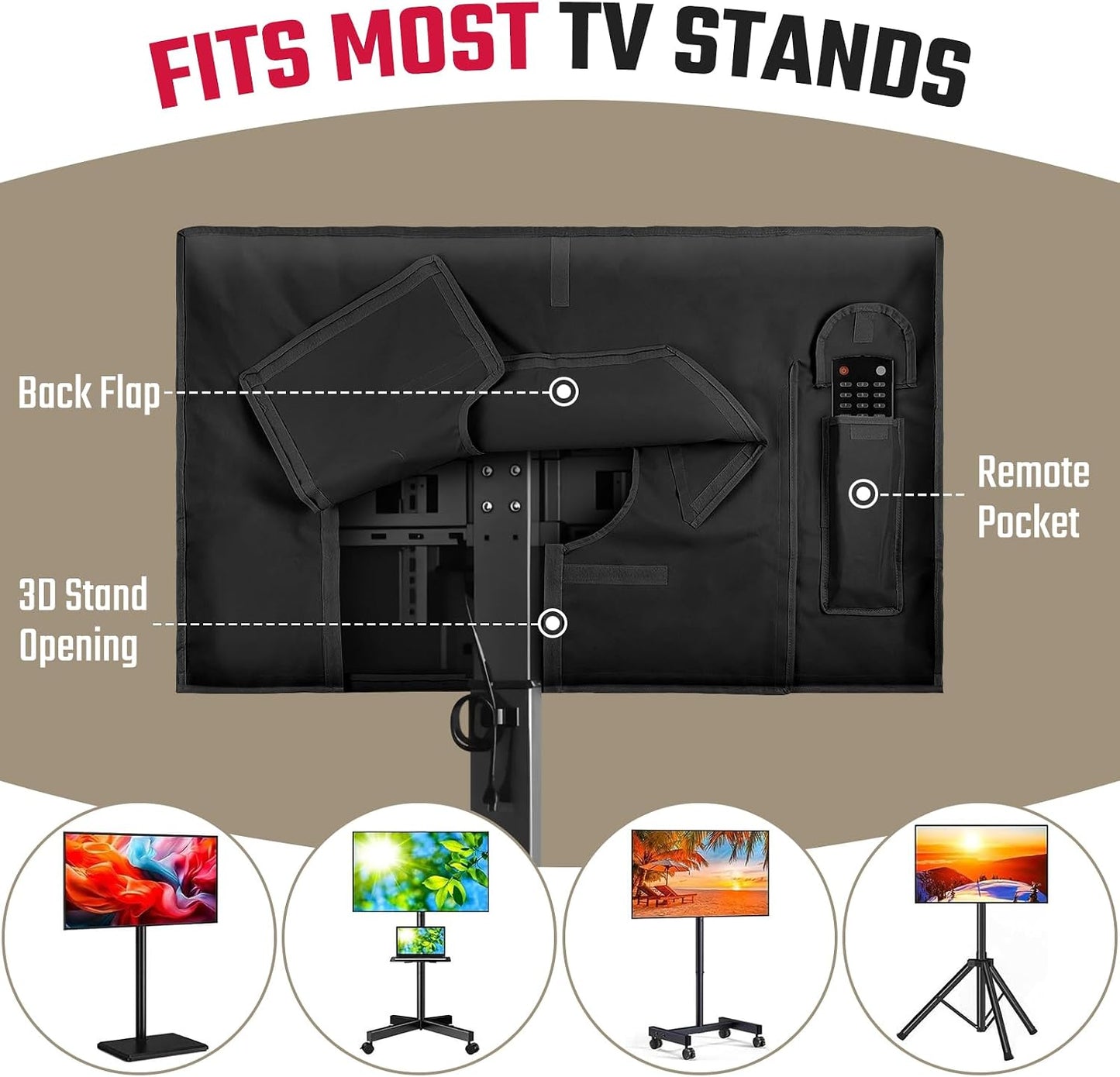 43" 600D Mobile Outdoor TV Stand Cover, Television Covers with Side Zipper for Rolling TV Stand, Weatherproof TV Screen