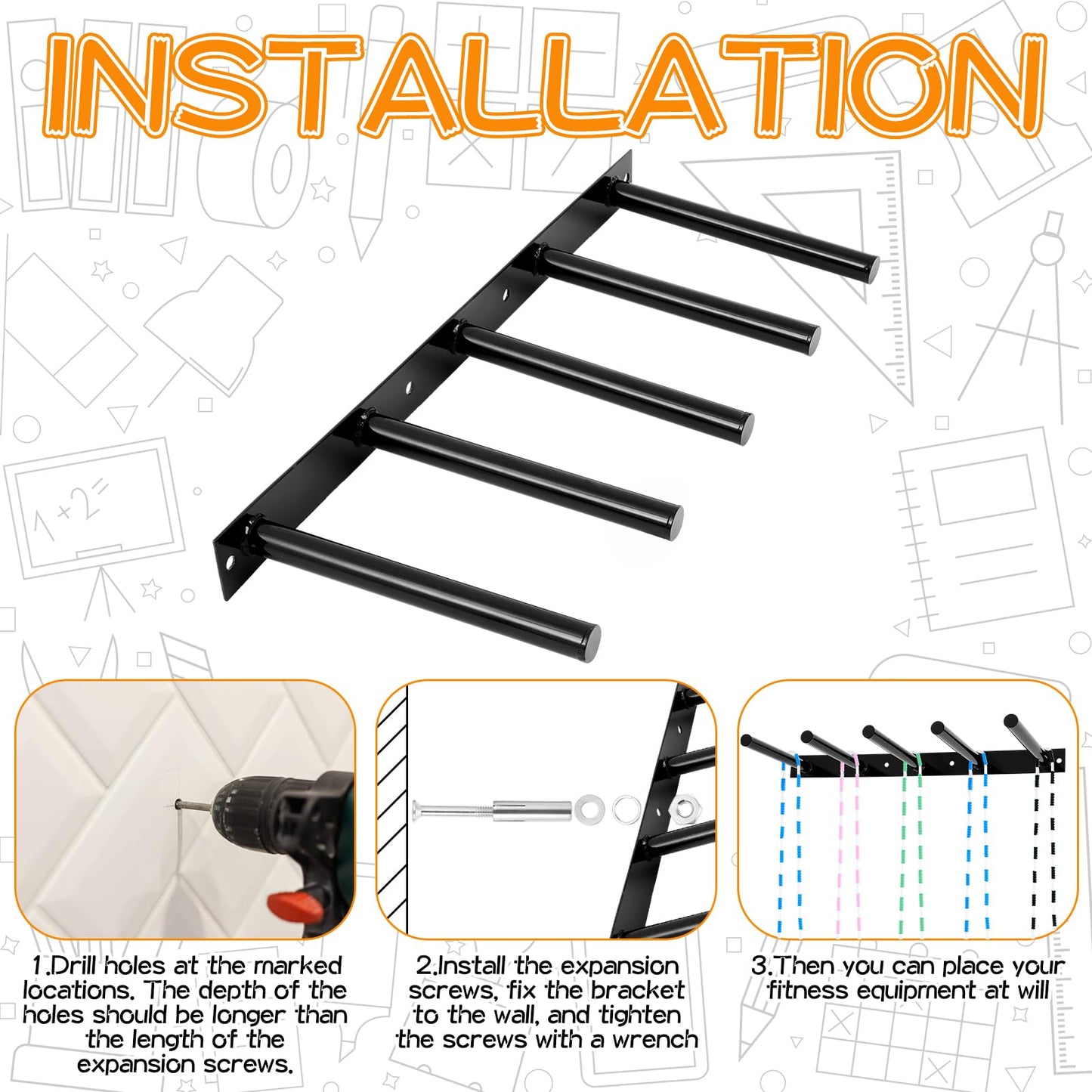 Shimeyao 25" Wall Mounted Hoop Rope Rack, 5 Peg Metal Gym Equipment Storage Holder Organizer for Jump Ropes, Sports Hoops, Resistance Bands, Straps, Foam Rollers, Hardware Included