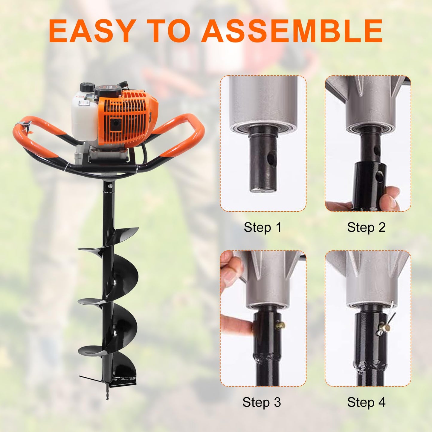 62CC Newly Upgraded Post Hole Digger Gas Powered, 2 Stroke Auger Post Hole Digger with 2 Drill Bits (6" & 8") + 1 Extension Rod for Planting - Ideal for Farm & Garden - Orange (62 CC)