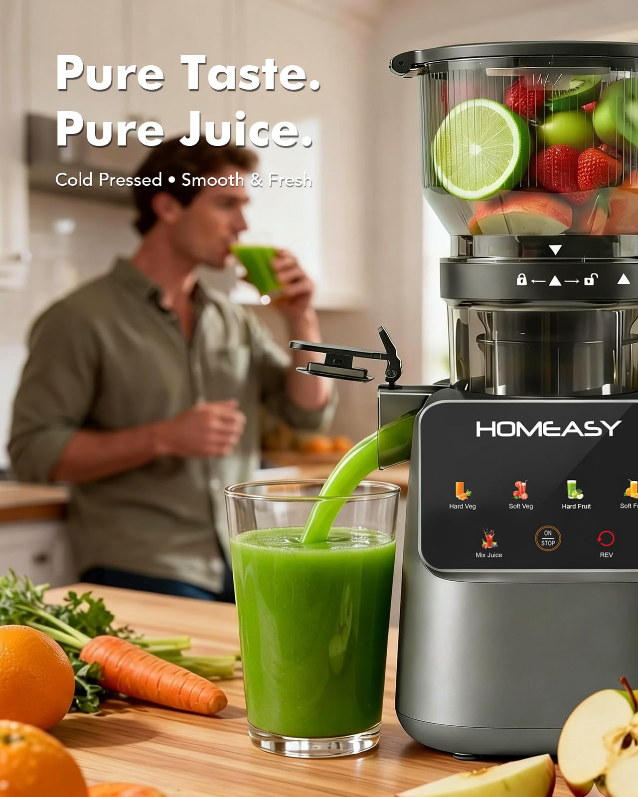 HOMEASY Cold Press Juicer Machines, 5.8'' Large Feed Chute for Whole Fruits and Vegetables, 300W Slow Masticating Juicer, High Juice Yield, 5 Smart Modes, Easy to Clean