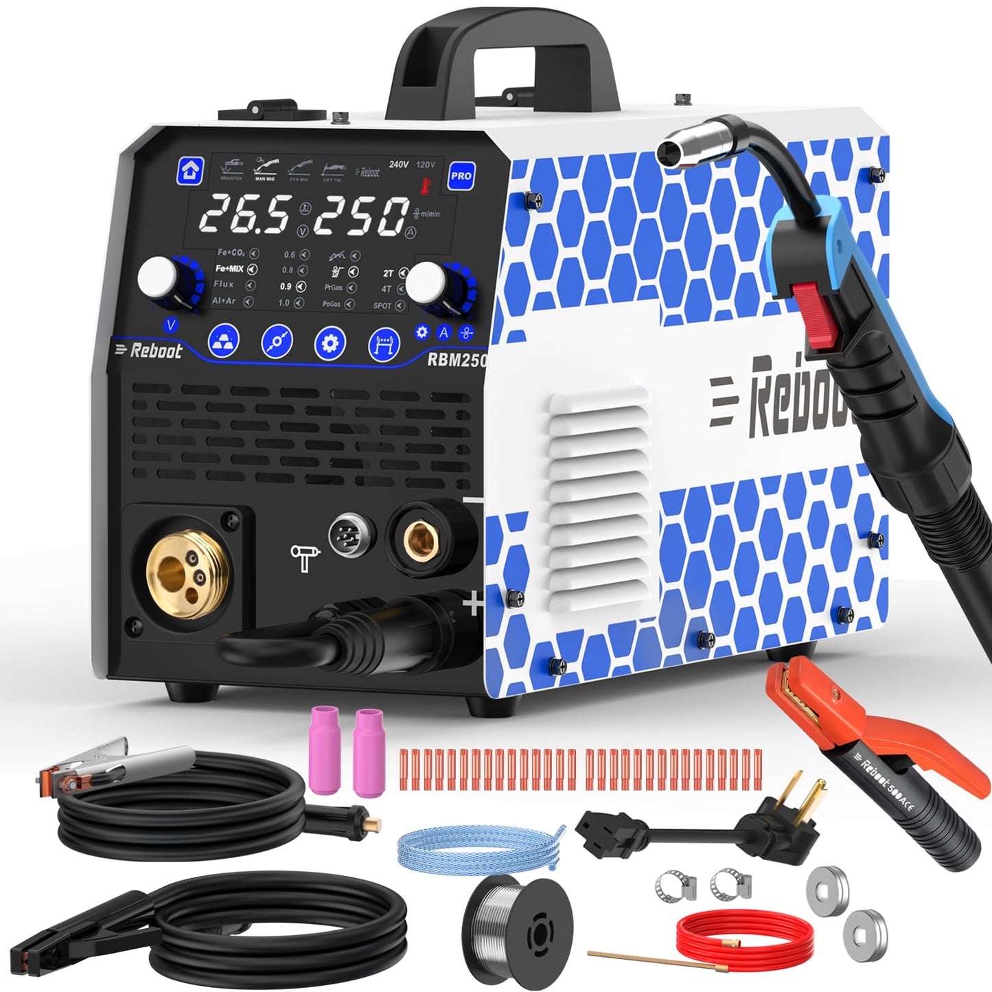 Reboot 250Amp 8-in-1 MIG/TIG/Stick Welder RBM2500 PRO + 500AMP Industrial Electrode Holder – Ultimate 120V/240V Welding Kit for MIG, Flux Core, TIG & Heavy-Duty ARC Welding