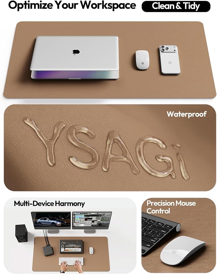 YSAGi Leather Desk Protector, Office Mat, Large Mouse Pad, Non-Slip PU Leather Blotter, Laptop Desk, Waterproof Writing Pad for Office and Home (Khaki, 35.4" x 17")