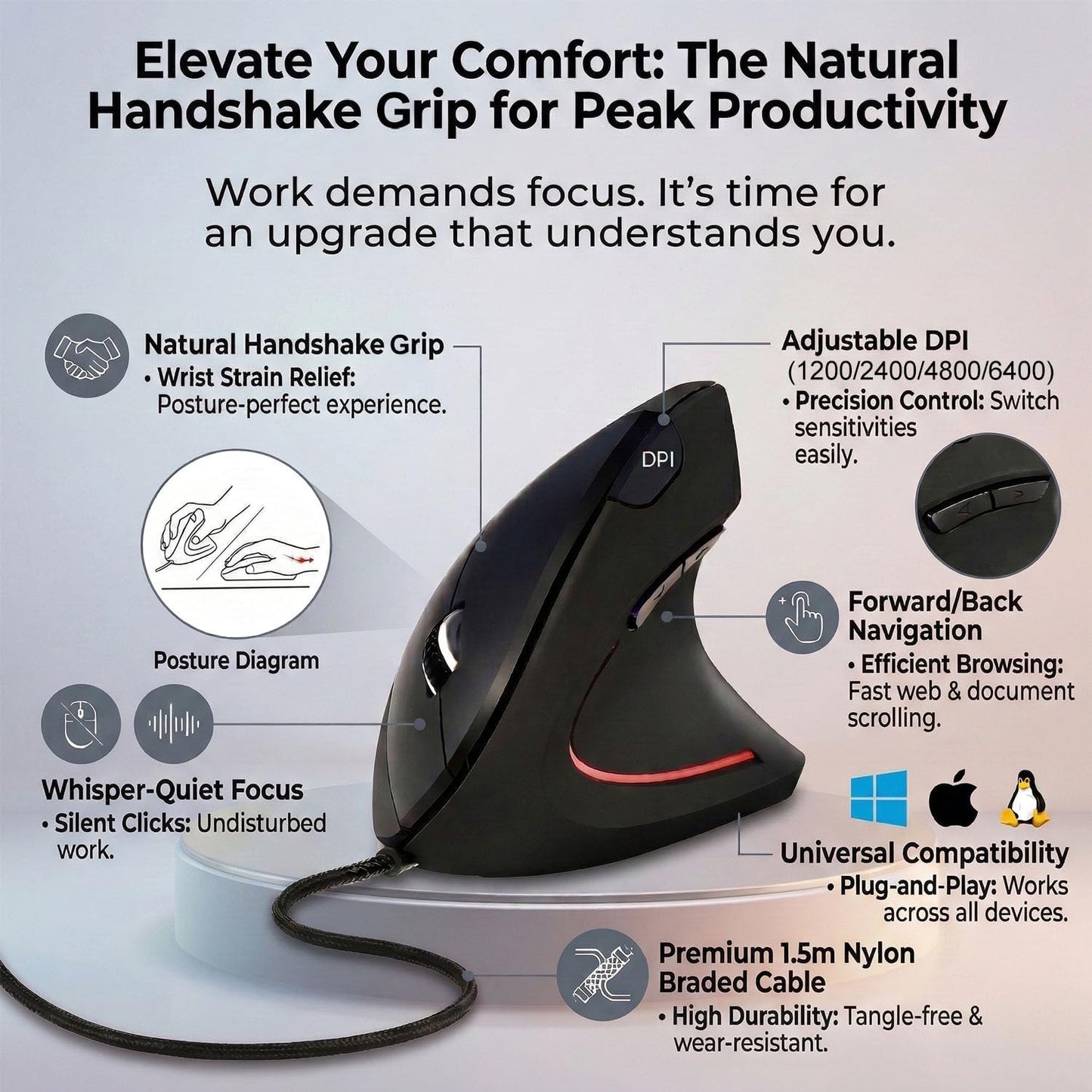ROCK&ROWN Cable,6 Buttons,6400 Wired Ergonomic Mouse,Vertical Mouse with Nylon-Braided Adjustable DPI,Silent Mouse