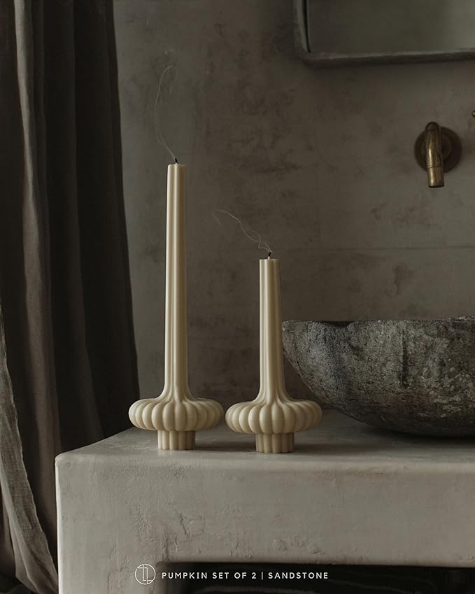 LAWA Set of 2 Pumpkin Base Candle - Beautiful Handmade Pillar Unscented Soy Wax Elegant Aesthetic Vase Candle Housewarming Gift Home Room Shelf Decor Idea Sandstone