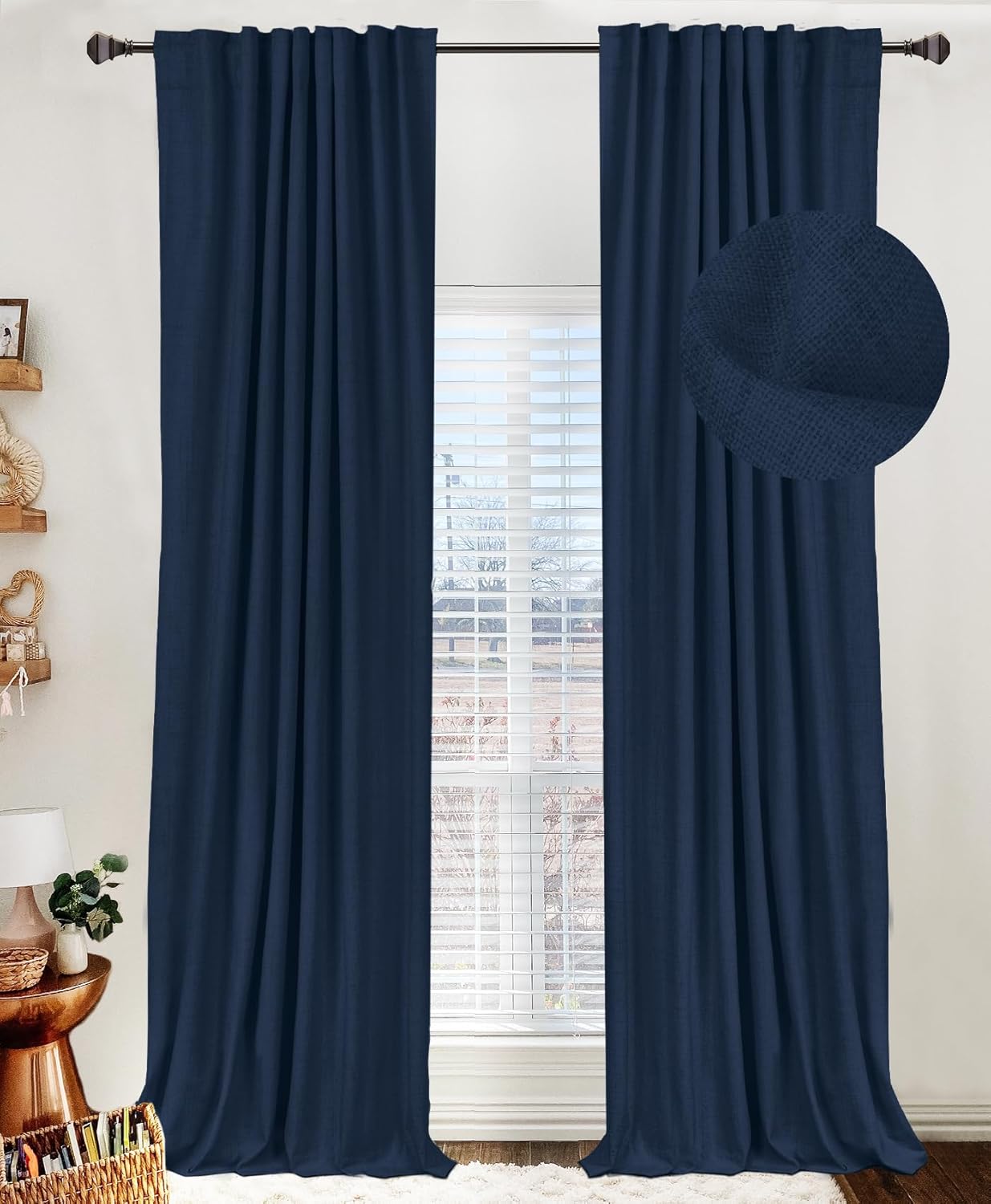 Skiennix 100% Blackout Linen Curtains - Thermal Insulated Drapes, 50" W x 102" L, Midnight Blue | 2 Panels Set