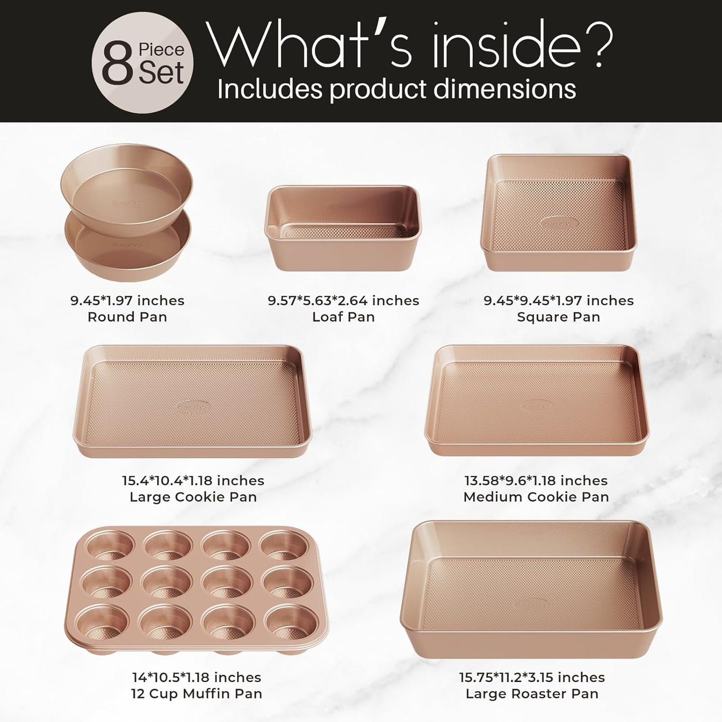 Skiennix 8-Piece Baking Pans Set - Nonstick Bakeware with Ceramic Coated Gold Finish