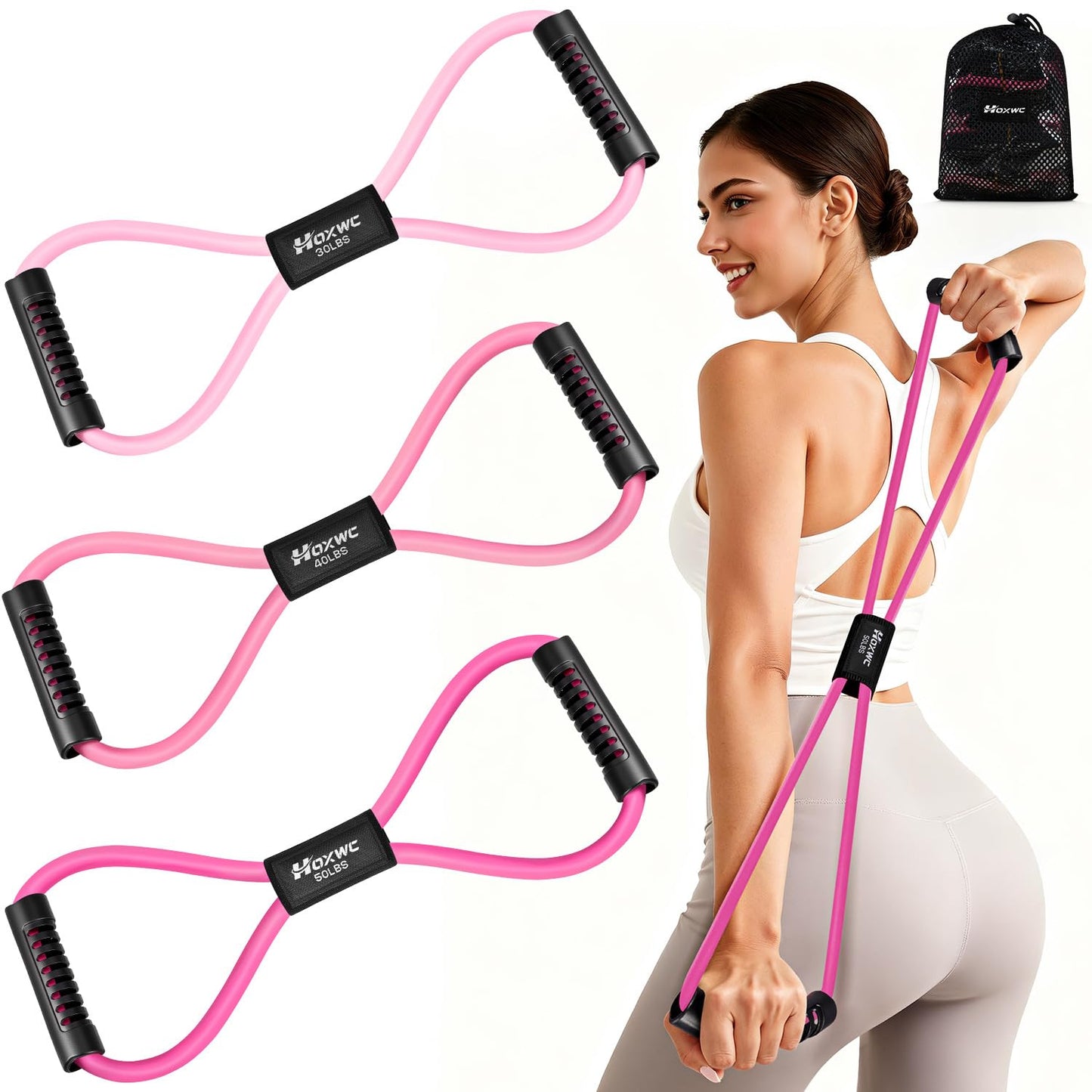 HOXWC Resistance Bands, Figure 8 Exercise Bands for Back, 8 Shaped Resistance Bands for Arms, Shoulder, Leg Stretching, Physical Therapy, Yoga, Pilates, Home Gym Workout Equipment for Women Men