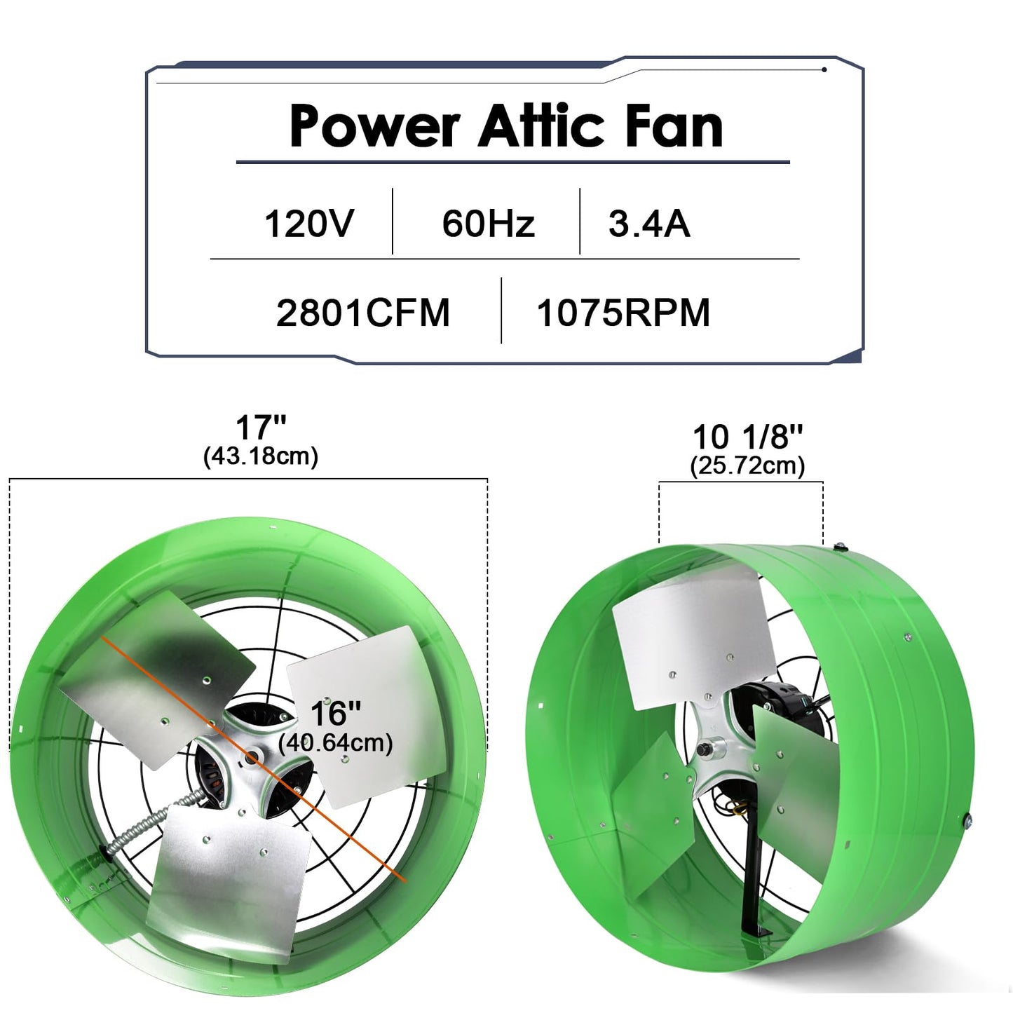Hiorucet Gable Mount Attic Exhaust Fan with Adjustable Thermostat, 2801CFM 3750 SQF High Speed Low Noise Gable Vent Fan, 16 Inch Fan Blade and Permanently Lubricated Motor, Green.