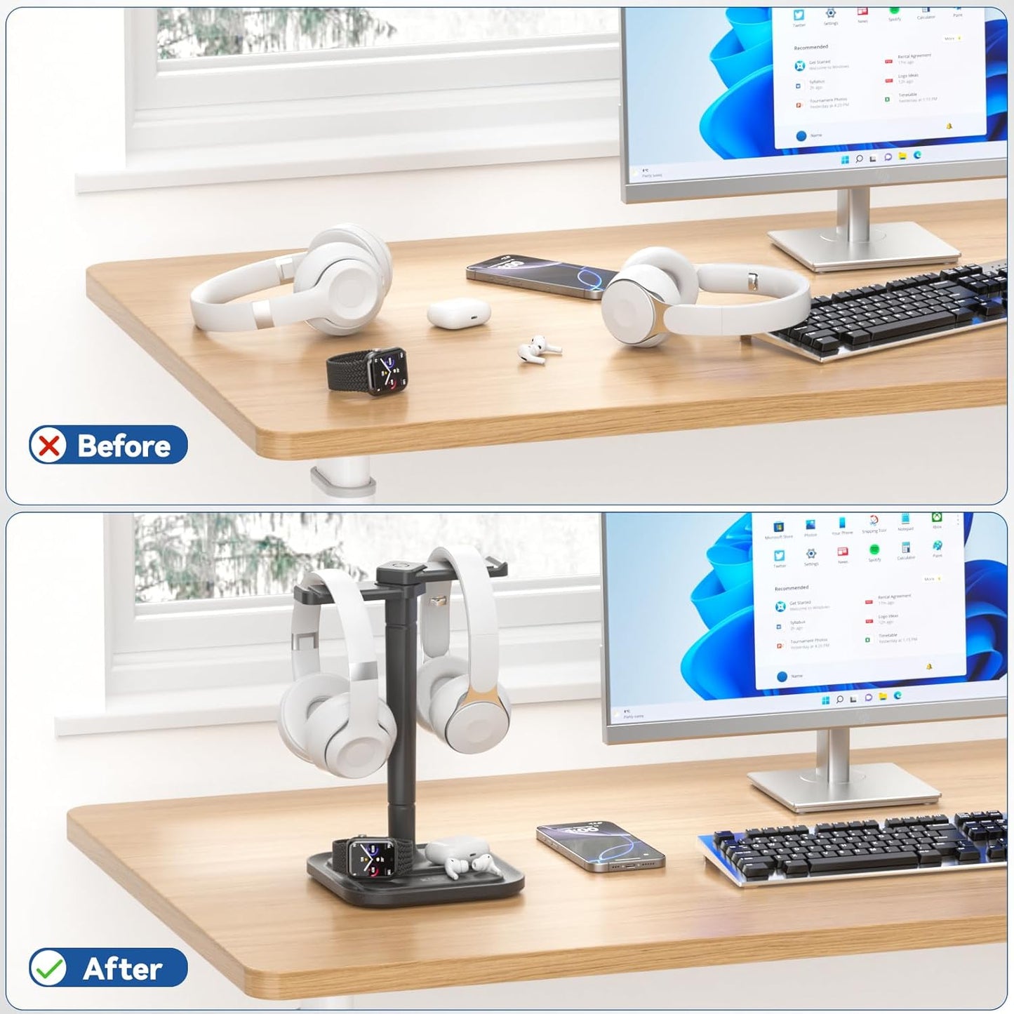 KDD Headset Dual Headphone Stand for Desk - Rotatable Hanger with Phone Holder - Removable Non-Slip Base for Gamers