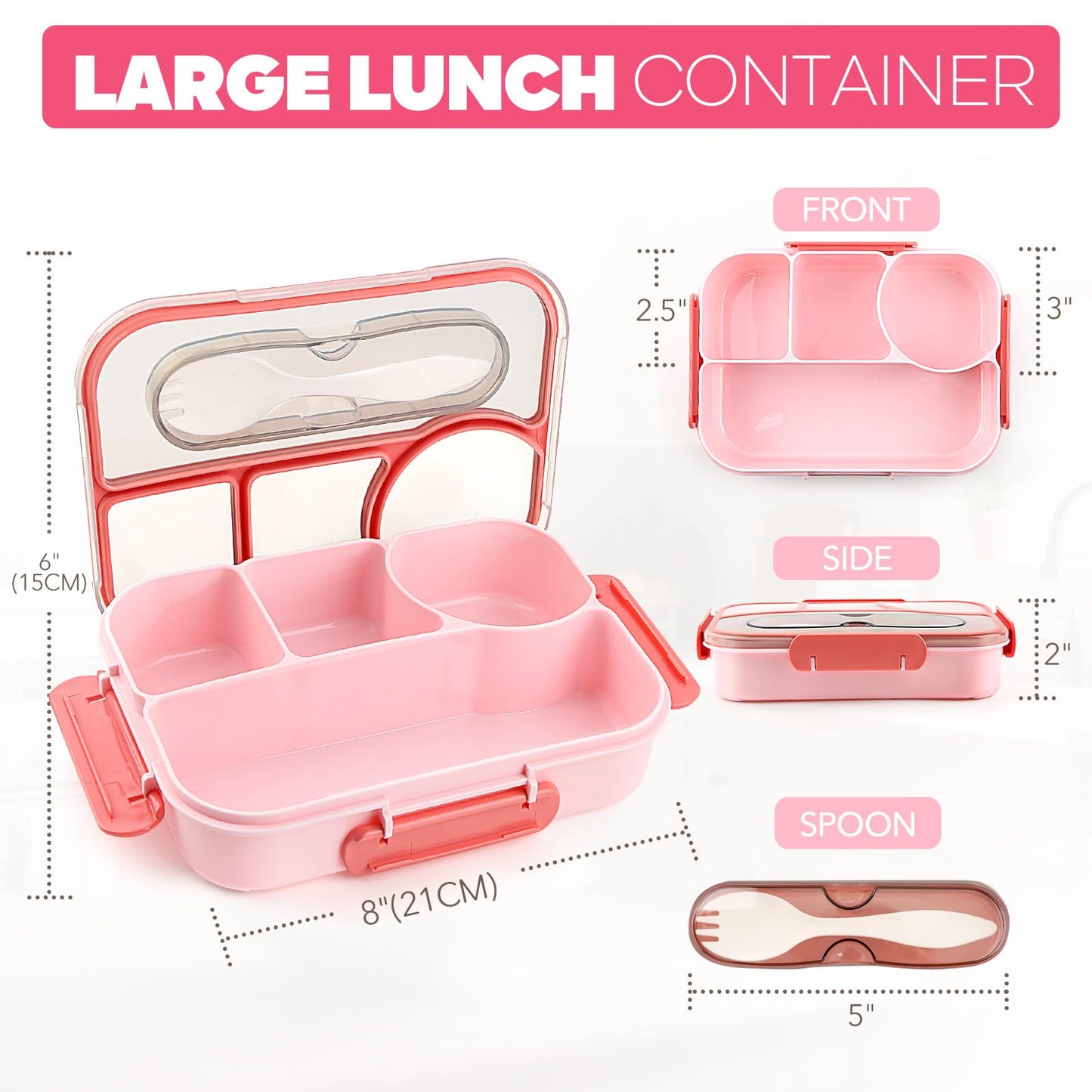 EASYFUN Bento Box Adult, Lunch Box, 4-Compartment Lunch Containers, Drop-Proof, Dishwasher Safe & Made with BPA-Free Materials (Pink)