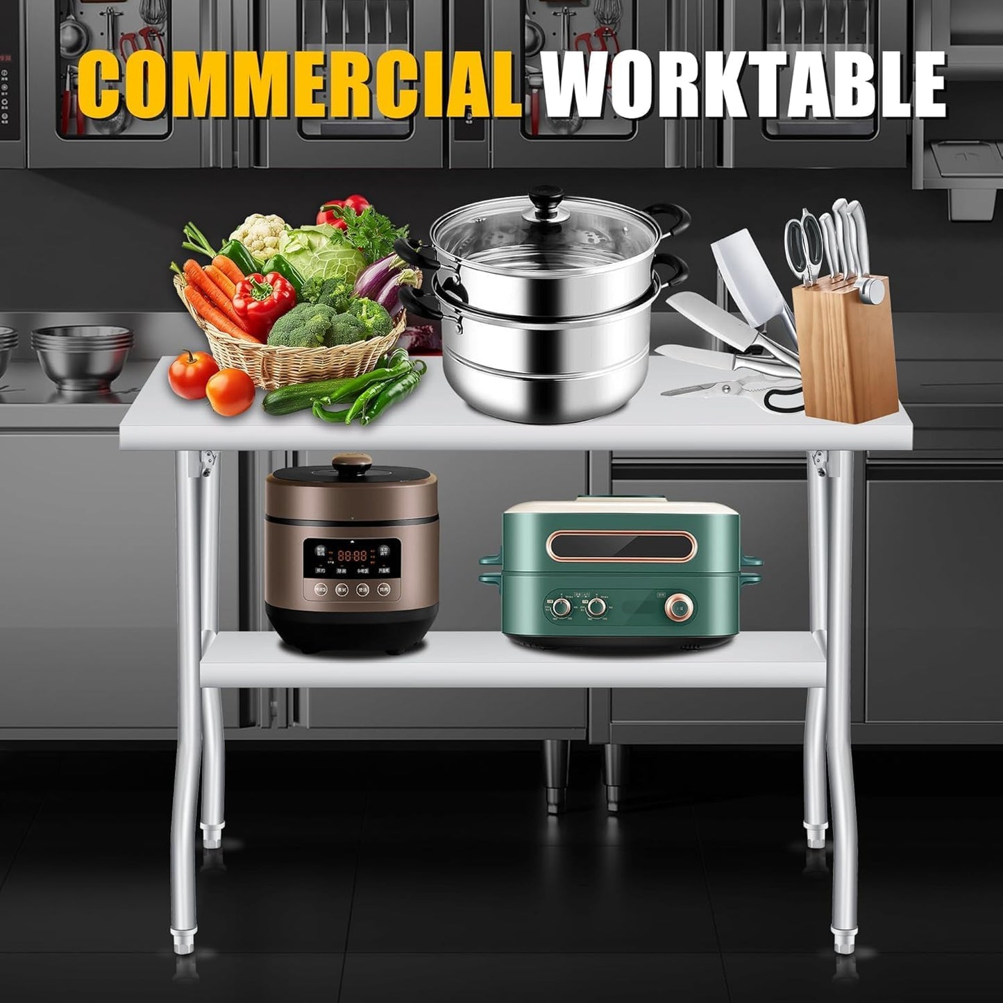GAOMON Stainless Steel Foldable Table, 48x24 Inch Industrial Workbench with Bottom Storage Shelf, 1800 LBS Capacity Portable Utility Table for Workshop, Warehouse and Garage, Heavy Duty