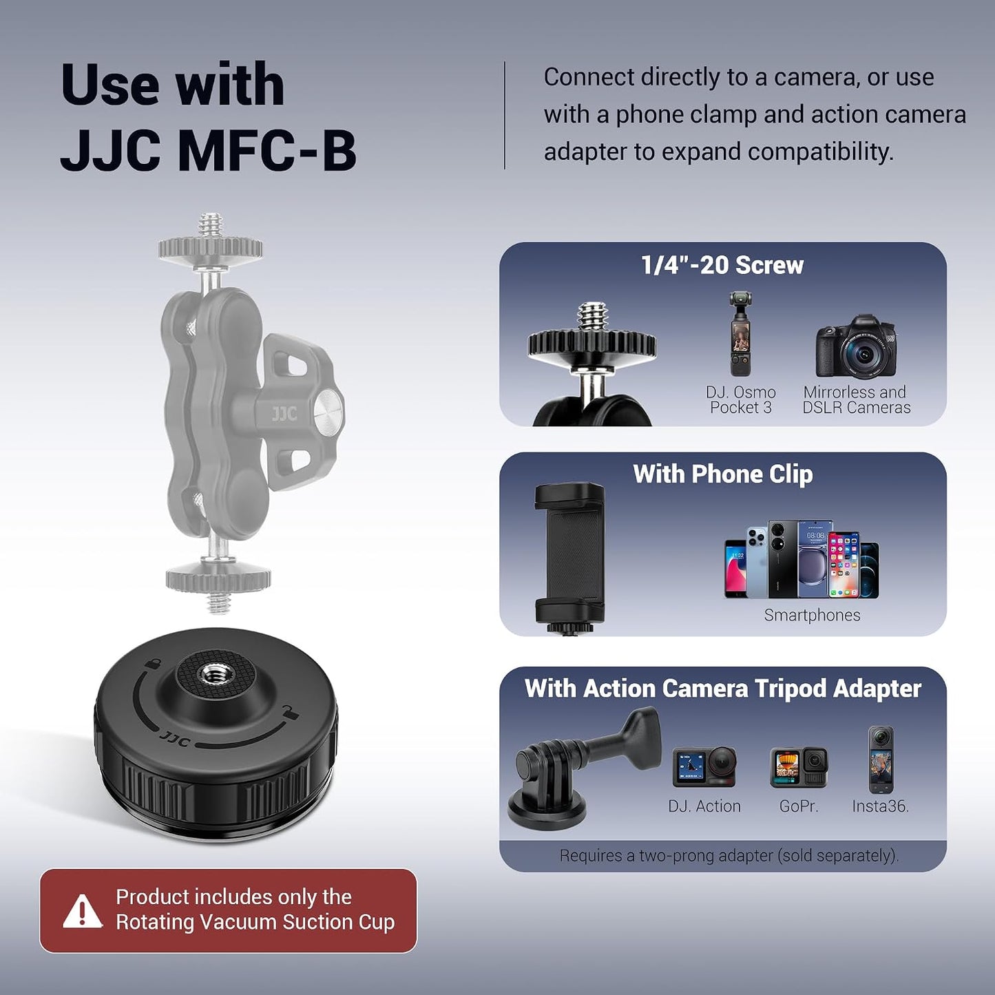 JJC 1/4" 4/3, 6/5 Pro/4, 13, Insta360 X5 Portable Camera Suction Cup Mount with Female Hole, Twist-Lock Vacuum Suction