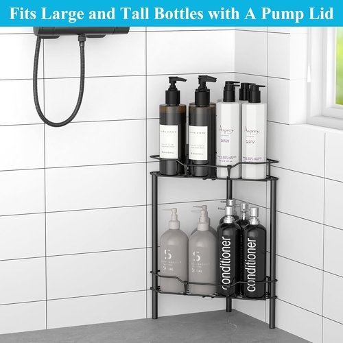 HuggieGems Corner Shower Caddy Organizer - 2 Tier Floor Standing Shelf with Hooks | Black Finish