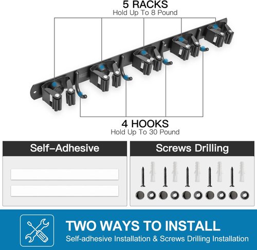 IMILLET Wall Mounted Broom and Mop Holder - Heavy Duty Stainless Steel Organizer | 2 Pack with 5 Racks & 4 Hooks