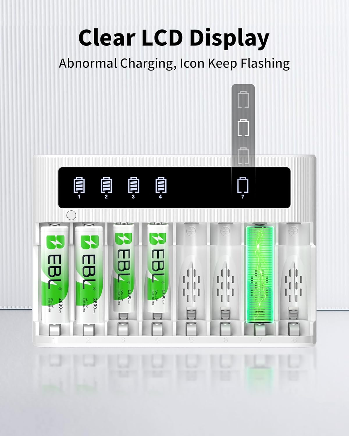 EBL 8 4 2800mAh 4 1100mAh Bay Battery Charger with LCD Screen, Fast Charging for AA AAA Batteries, Includes AA and AAA