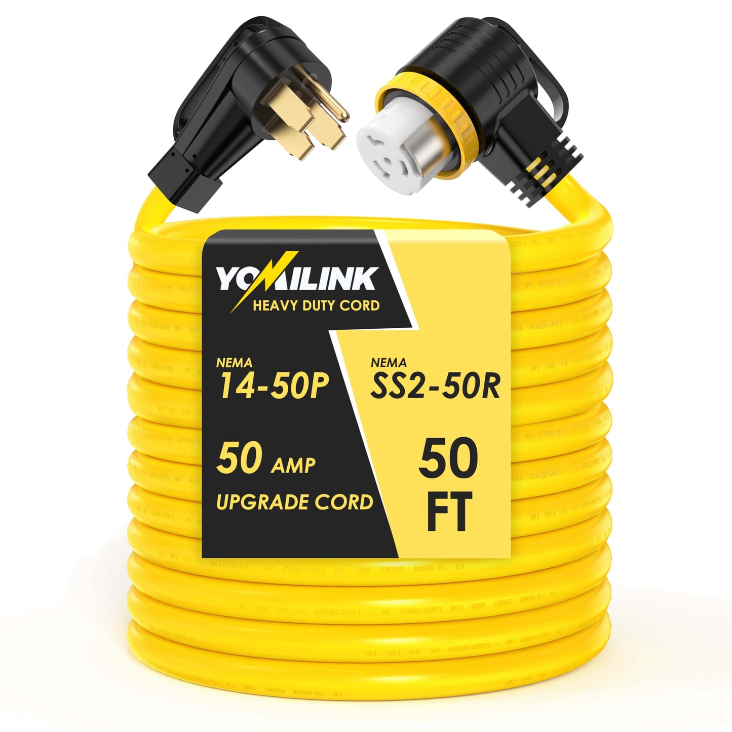 YOMILINK 50 Feet 50 Amp RV/Generator Cord, 100% Copper Wire, NEMA 14-50P to SS2-50R Twist Lock, Newly Designed 90°Grip Handle, 6/3+8/1 Gauge STW Wire