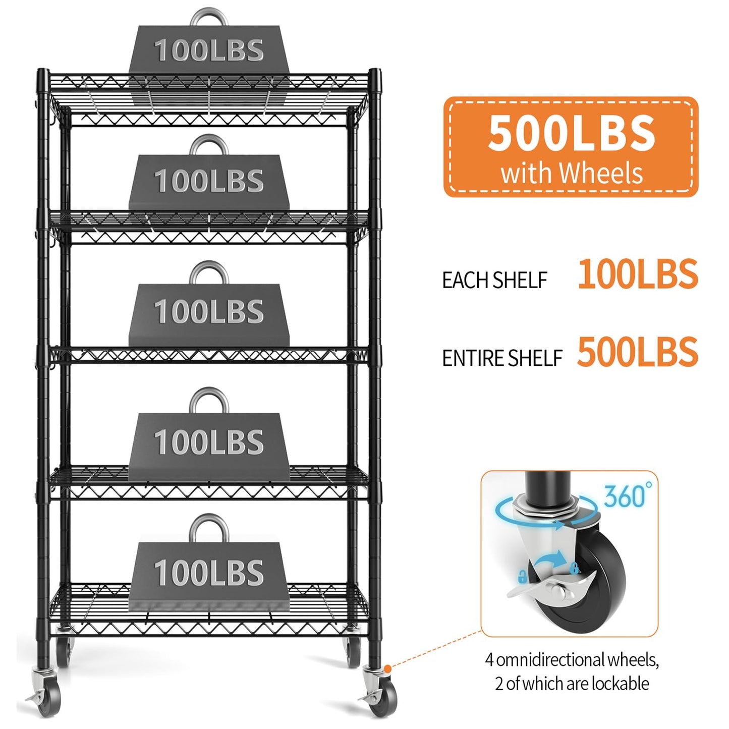Hodonas Wire Shelving, 1900lbs Capacity 5 Tier Heavy Duty NSF Wire Shelf with Rolling Wheels Black Metal Storage Shelves Adjustable Wire Rack Unit 36"W x 14"D x 72"H for Kitchen Bathroom Garage Closet