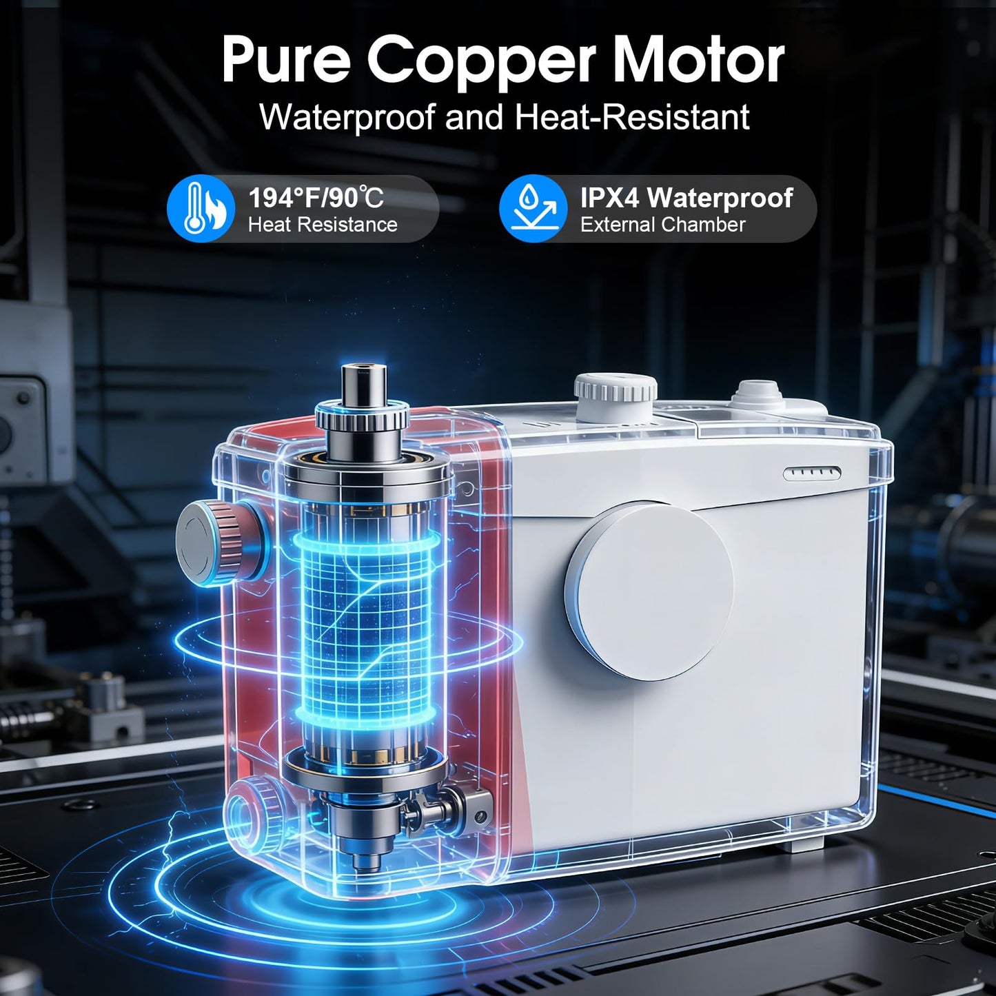 FIXCHIGO 1000W Macerator Pump, Macerating Toilet System with 4 Inlets/2 Outlets, 40 GPM Flow, 29.5 FT Head, PCB Smart Control Sewage Pump for Basement, Sink, Toilet, Laundry, Kitchen
