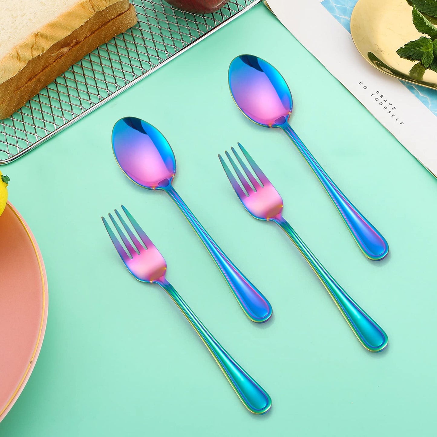 LIANYU 10-Piece Rainbow Children Silverware Set, Kids Forks and Spoons Silverware Set, Stainless Steel Toddler Utensils Flatware, Child Cutlery for Home Preschools, Dishwasher Safe