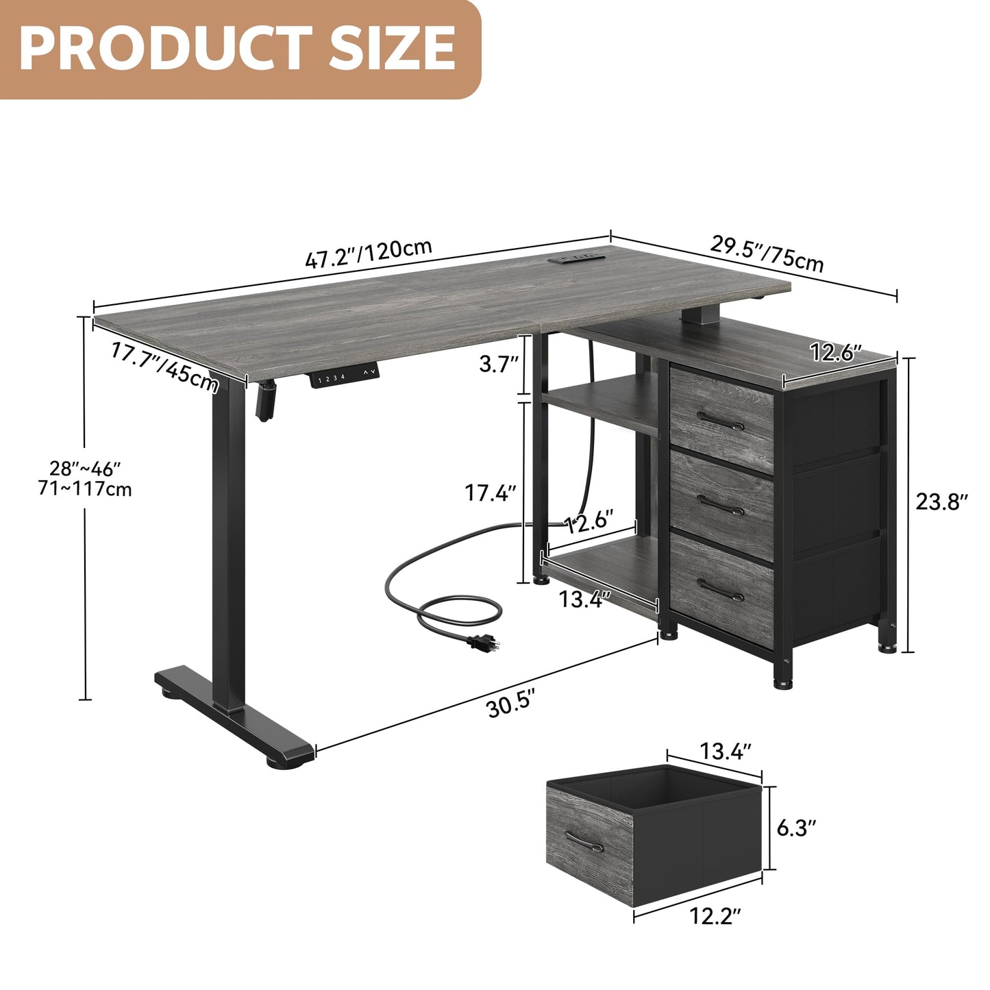 Homiflex 47 Inch L Shaped Desk with 3 Drawers Electric Standing Desks with Storage Computer Table Adjustable Height with Power Outlets 4 Memory Presets for Home Office, Grey