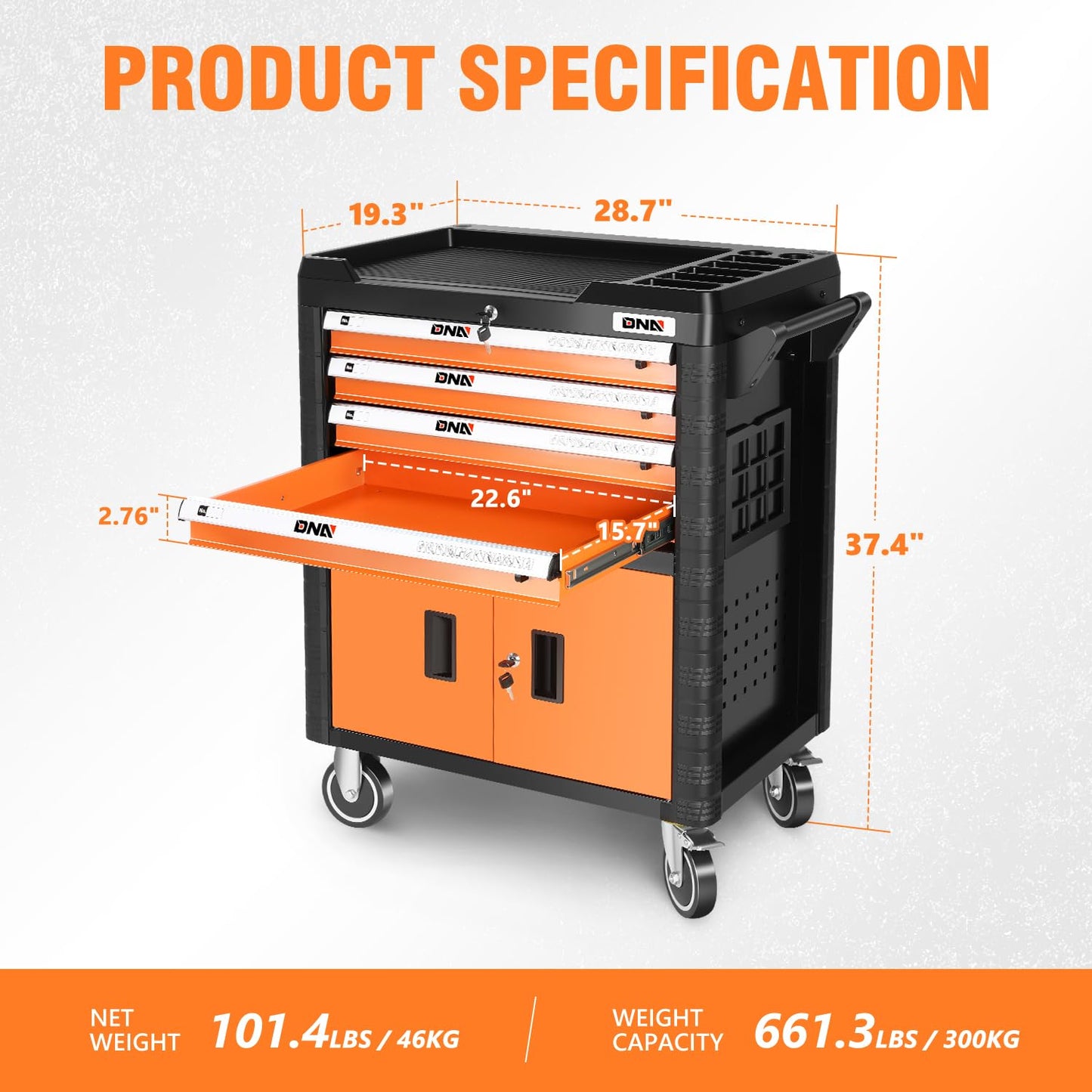 DNA Motoring 4-Drawer Rolling Tools Chest, Rolling Tool Storage Cabinet, Heavy Duty Mechanic Tool Cart, Trolley Organizer for Garage, Warehouse, Workshop, Orange, TOOLS-00402