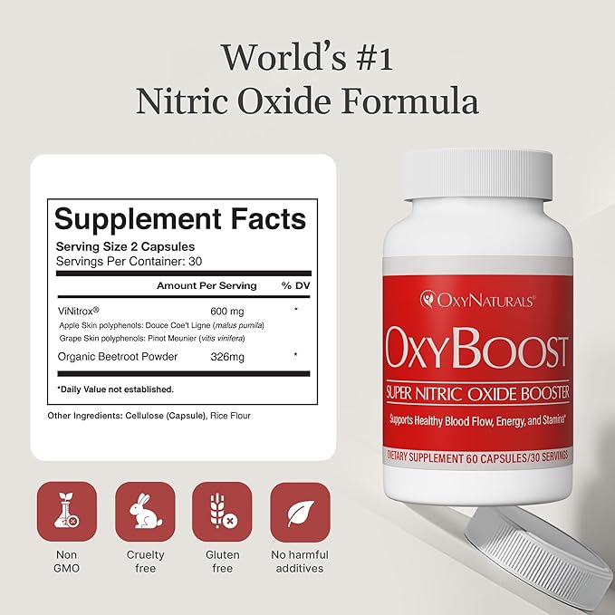 OxyBoost Nitric Oxide Supplement for Men & Women - Supports Circulation, Promotes Wellness, Vitality, Mental Clarity & Improved Circulation - Natural Formula with Vinitrox - 60 Capsules (Pack of 1)