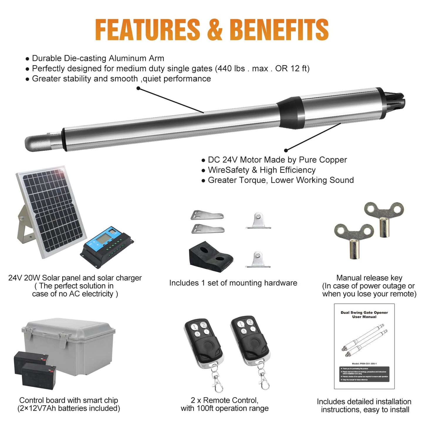 JUJIANG C01 Solar Gate Opener with Batteries & Solar Panel for Dual Swing Gates Up to 440lb 12FT per Arm Automatic Gate Opener with Remote Complete Kit Light Duty Automatic Gate Openers Solar Powered