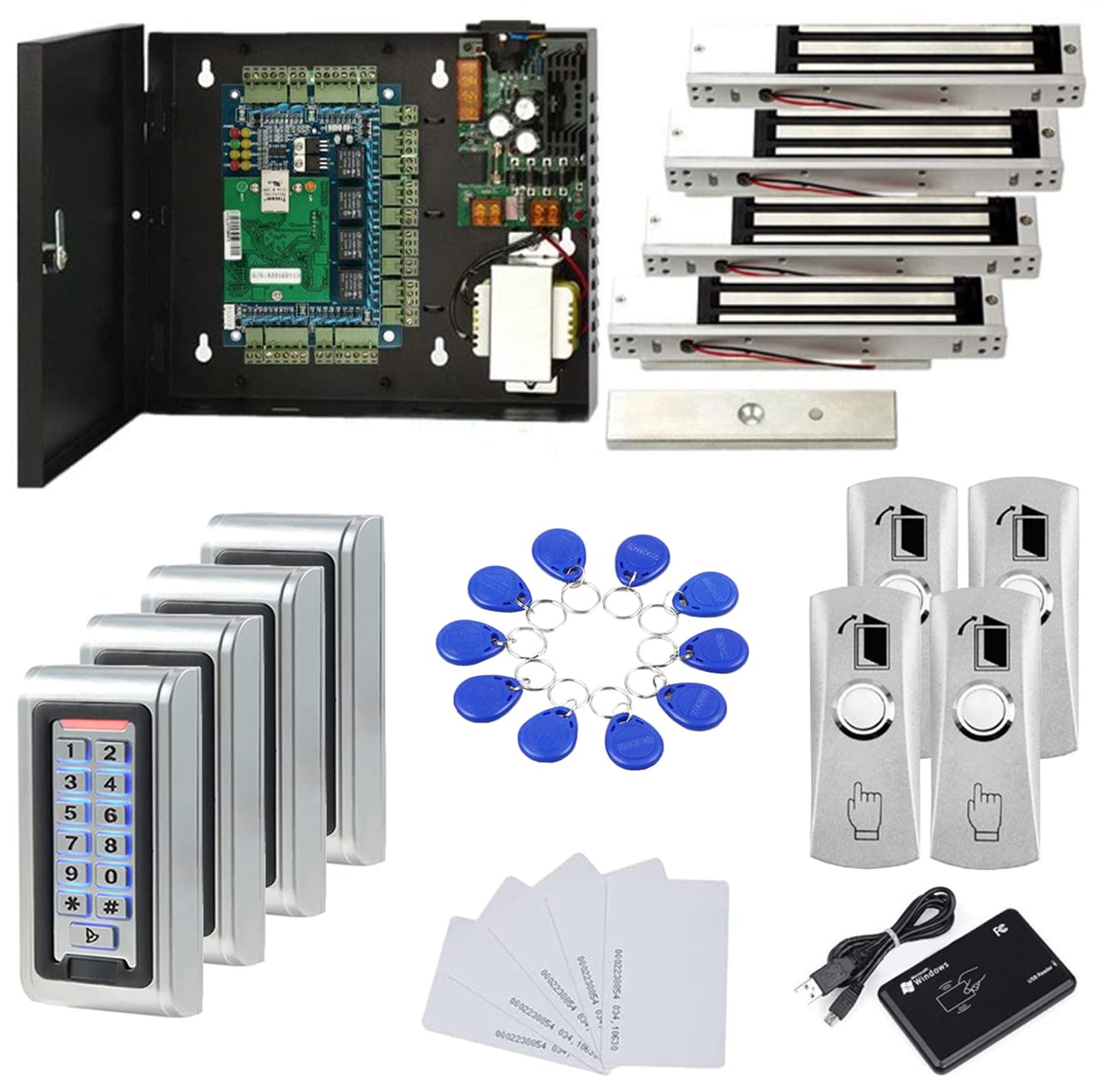 MENGQI-CONTROL Water Proof Metal Keypad Reader 4 Doors Access Control Kit Outdoor Install Magnetic Lock 110V Power Box RFID Cards/Key Fob(Phone APP remotely Open Door)