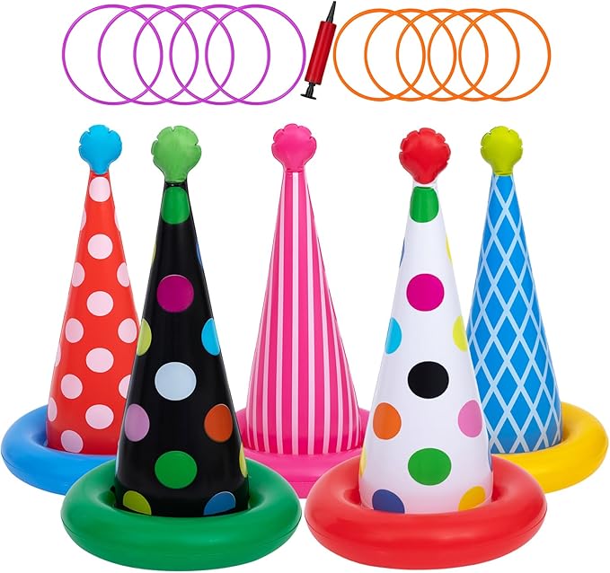 Inflatable Ring Toss Game, Birthday Party Games Ring Toss Game for Kids Adults Birthday Party Decorations Lawn & Yard Games Toys for Family 5-Pack with 10 Plastic Rings