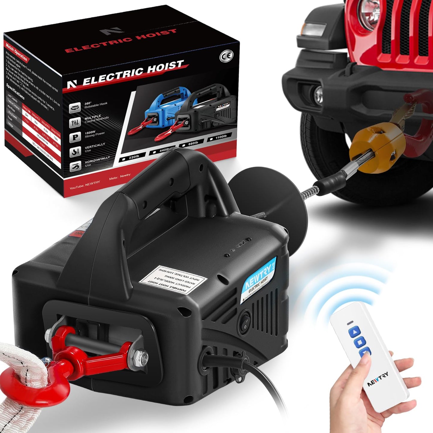 NEWTRY 3 in 1 Electric Hoist Winch 660lb, 110/120 Volt Portable Power Winch Crane with Cable Remote Control, 38ft Lifting Height, 16 ft/min Lift Speed, for Towing and Pulling