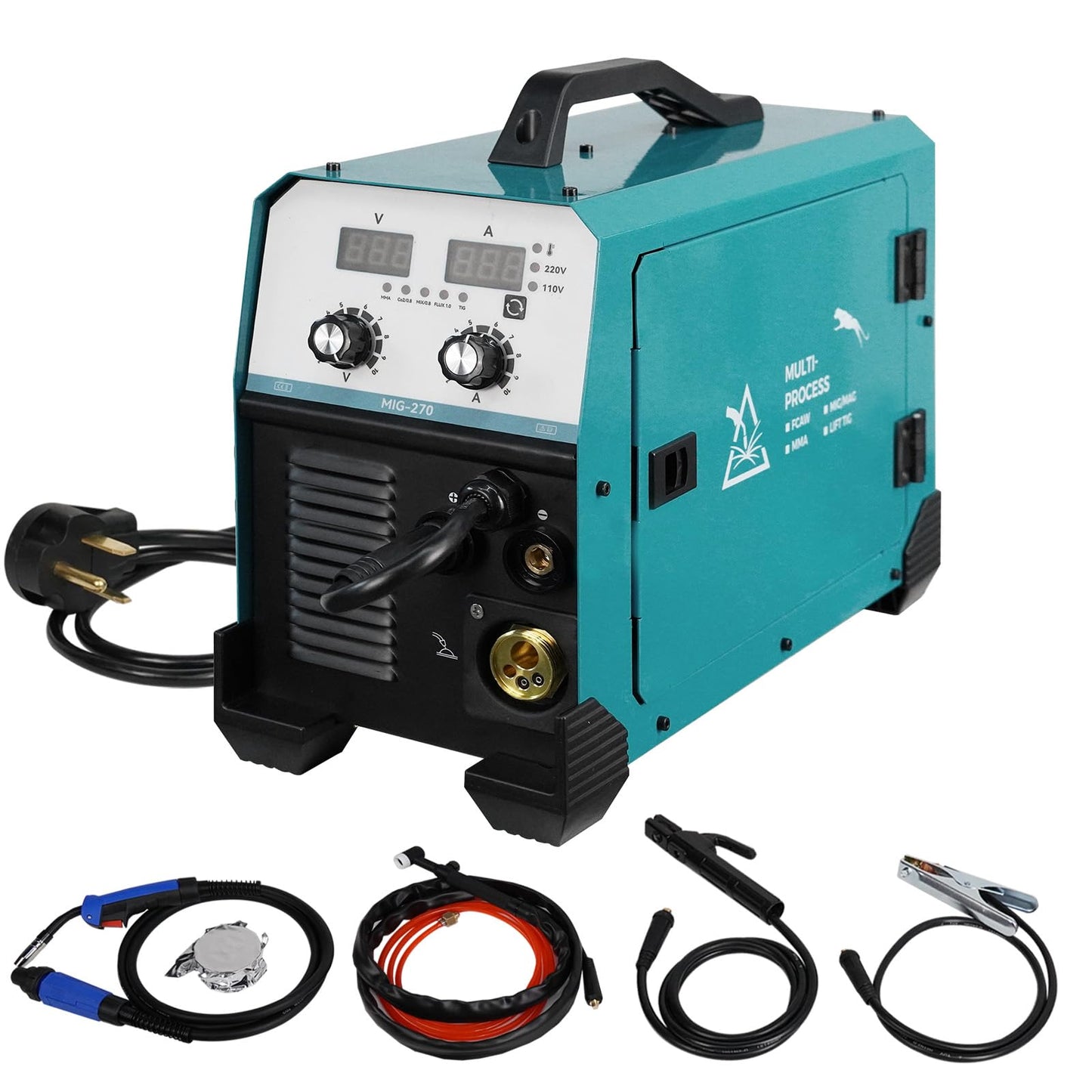 270Amp MIG Welder, 220V Flux Core,Gas, IGBT Inverter, Torch and 2lb Solid Welding Wire, Digital MIG Welder/Lift TIG/Stick 3 in 1 Welding Machine for Steel Welding, Car Repair, Building Works