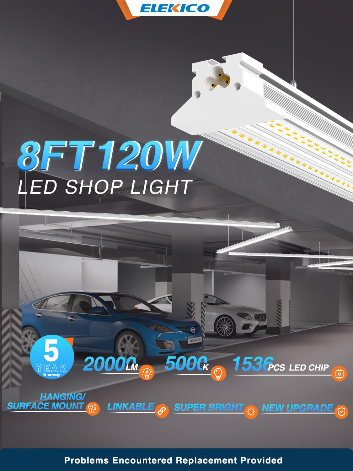 ELEKICO Super Bright New Upgrade Hanging | Surface Mount 8' 120w 5000k 20000lm 8ft Led Shop Light, Linkable Ceiling Lighting Garage Lights | Led Shop Lights 8ft for Garage Workshop Shop Warehouse