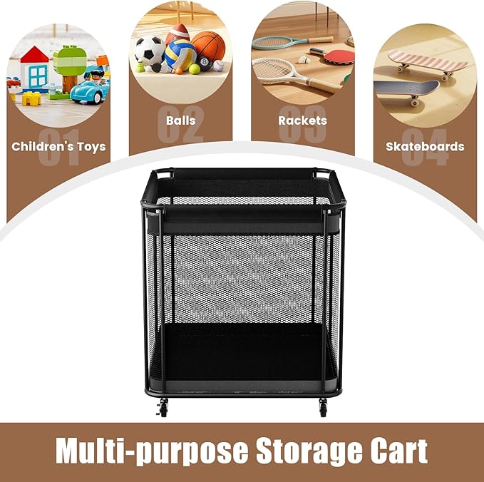 VOPEAK Oversized Rolling Ball Storage Cart with Lockable Wheels, Ball Storage Organizer with Mesh Basket, Sports Ball Rack for Indoor Outdoor, Metal Sports Equipment Organizer for Garage Gym School