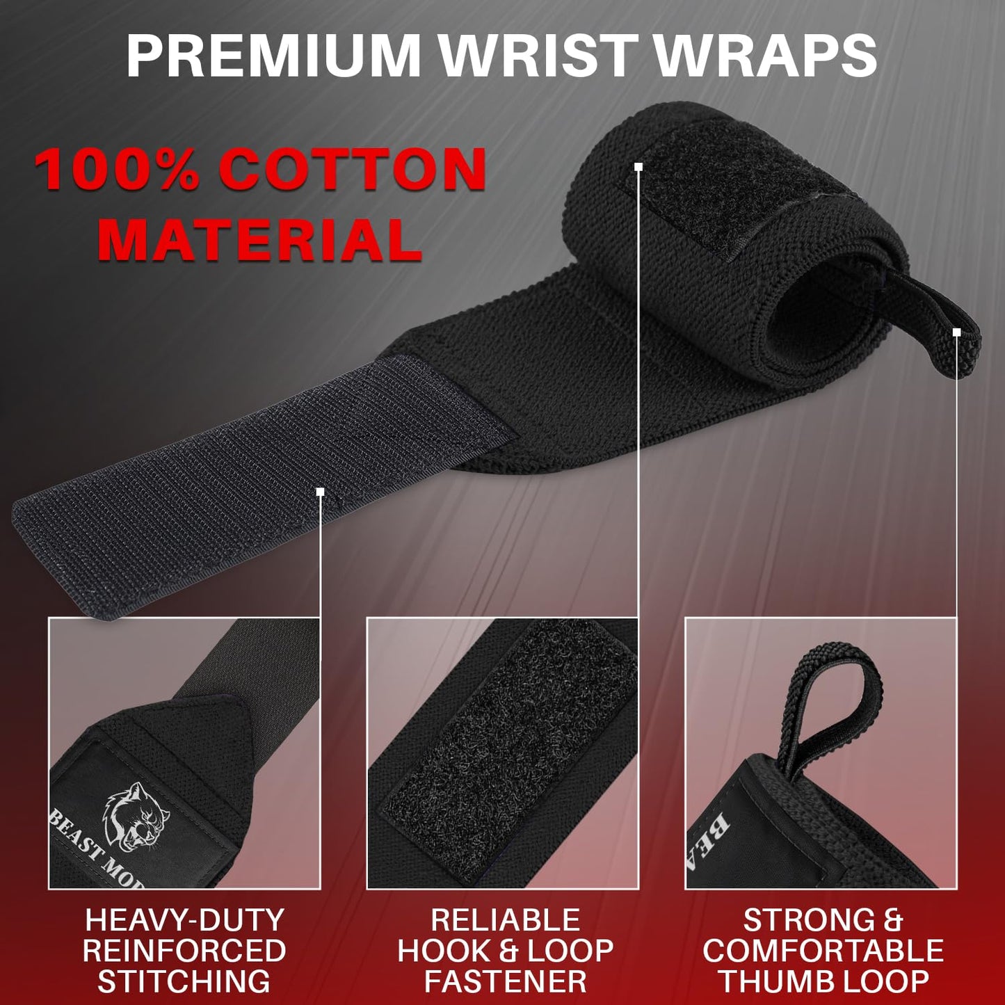 TECEUM Fit Weightlifting Wrist Wraps with Thumb Loop – Black – Beast Mode – 18 inch – Heavy-Duty Workout Wrist Support & Protection – Ideal for Powerlifting, Strength Training, Bodybuilding
