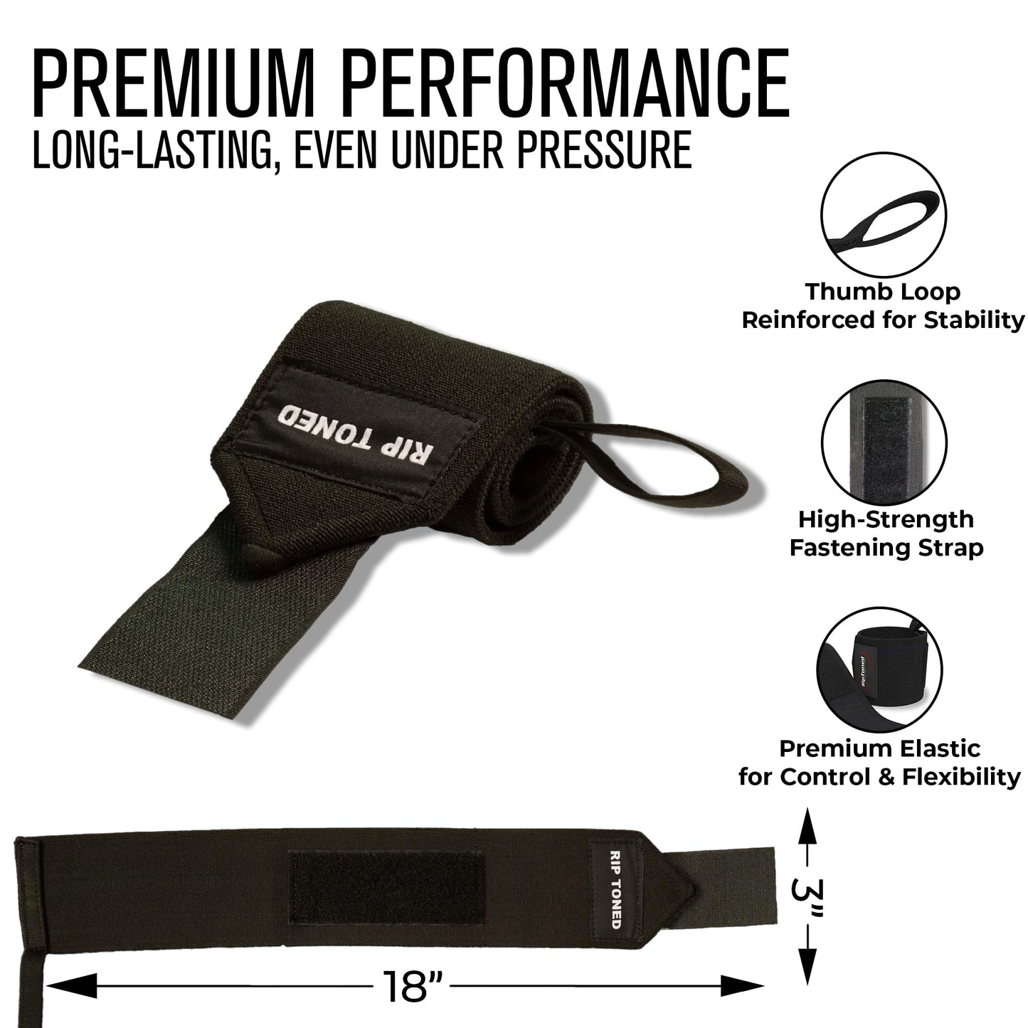 Rip Toned Wrist Wraps for Weightlifting – USPA & USAPL Approved 18" Wrist Straps for Powerlifting – Adjustable, Durable Gym Wraps with Thumb Loop – Quality Support for Men & Women – Black Flex