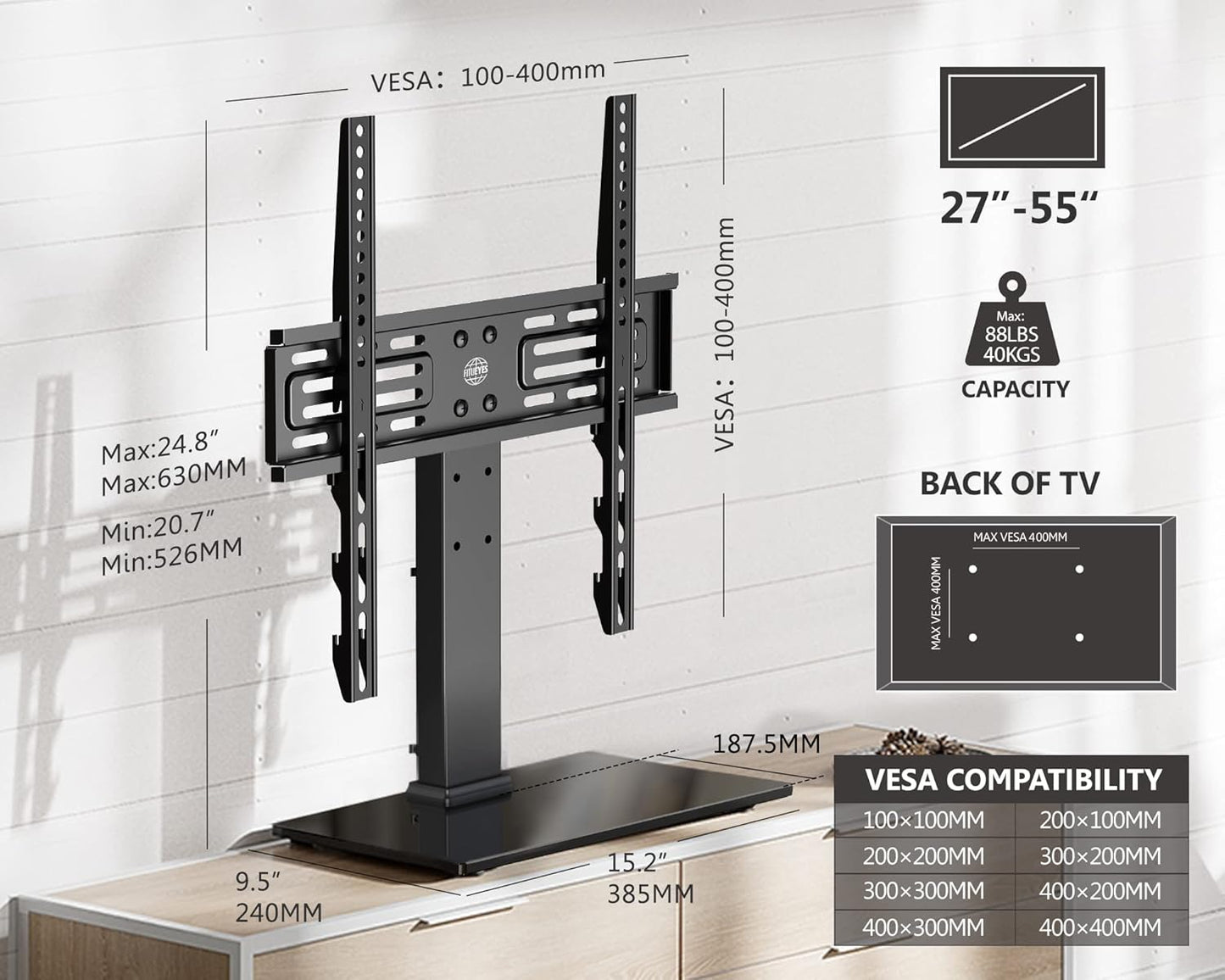 FITUEYES 27-55 inch Universal TV Mount Stand Table Top TV Stand for TVS Height Adjustable TV Stand Mount, Glass Base