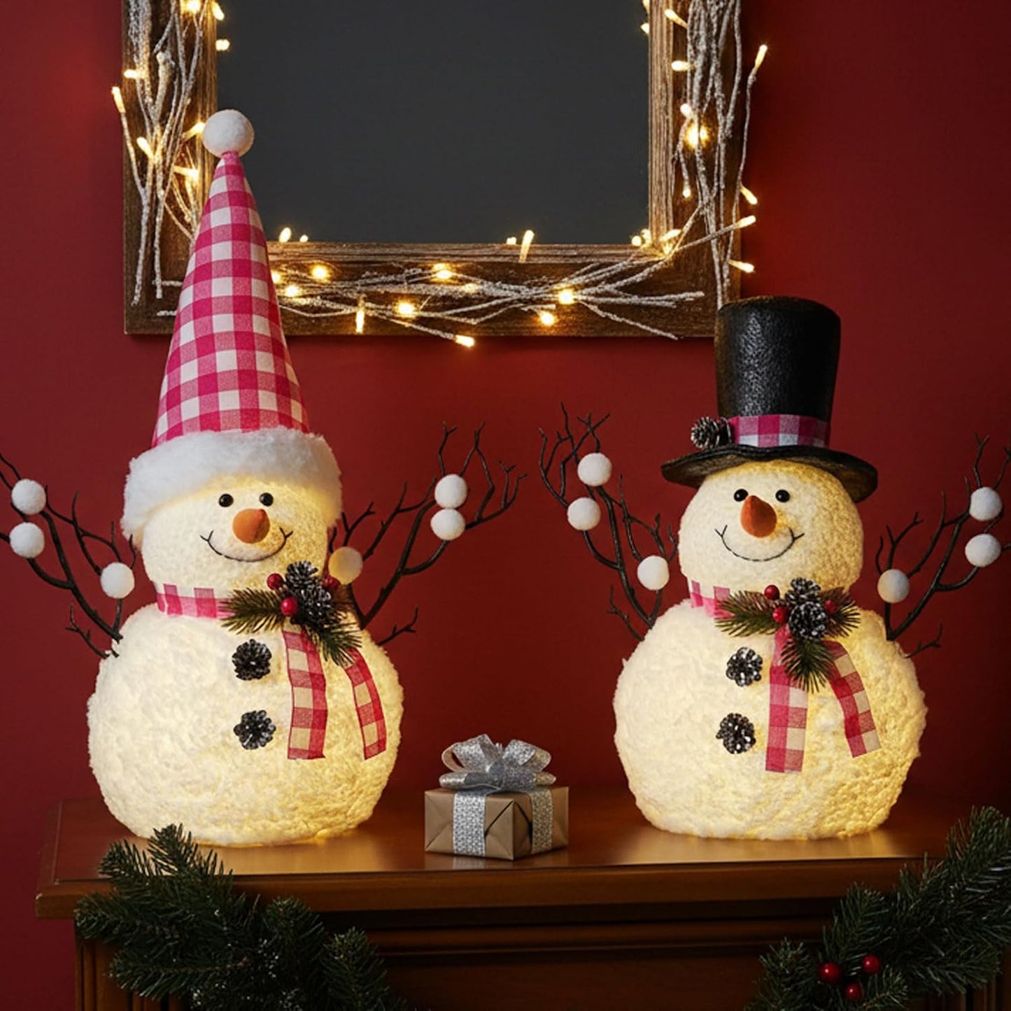 Skiennix Lighted Plush Snowmen Figurines - 14" Christmas Table Decorations | Battery Operated Holiday Ornaments
