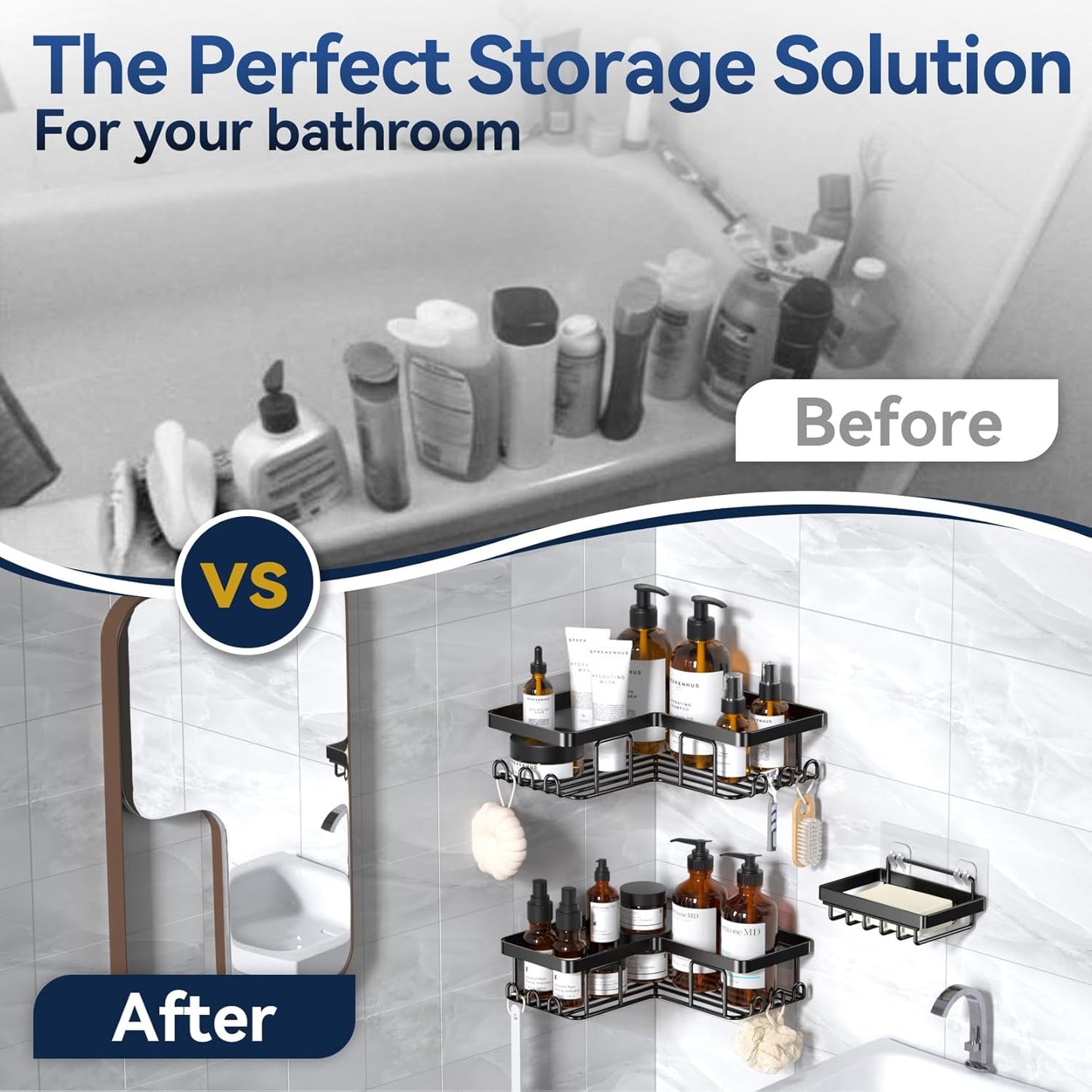 YASONIC Corner Shower Caddy - Rustproof Stainless Steel Bathroom Organizer | No Drilling, Black, 3-Pack