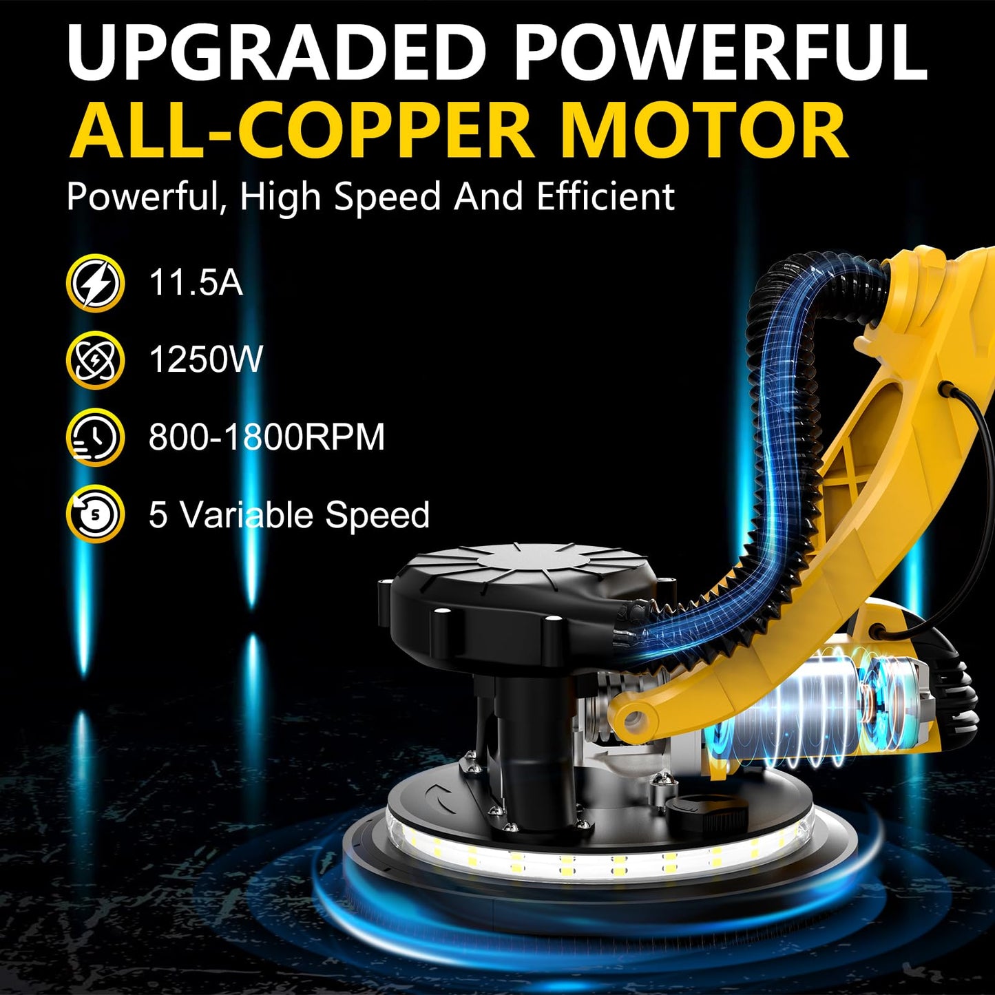 1250W Drywall Sander, 11.5A Electric Drywall Sander with Vacuum Dust Collector, 800-1800RPM 5 Variable Speed, Popcorn Ceiling Removal Tool with Extendable Handle, LED Light, 18x Sanding Discs