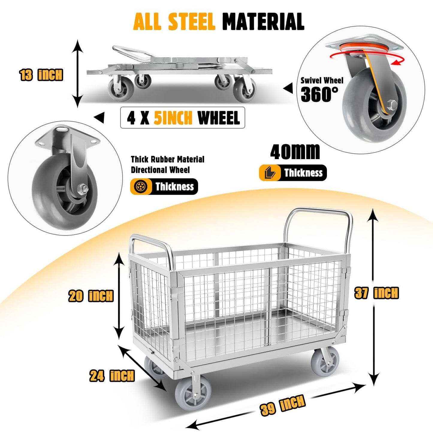 2000lbs Capacity Platform Truck Cart with Cage 6-in-1 Multi-Purpose Flatbed Cart 39"x24" Foldable Heavy Duty Push Cart Dolly W/Swivel Wheel & Rmovable Side for Groceries, Garage, Warehouse, Laundry