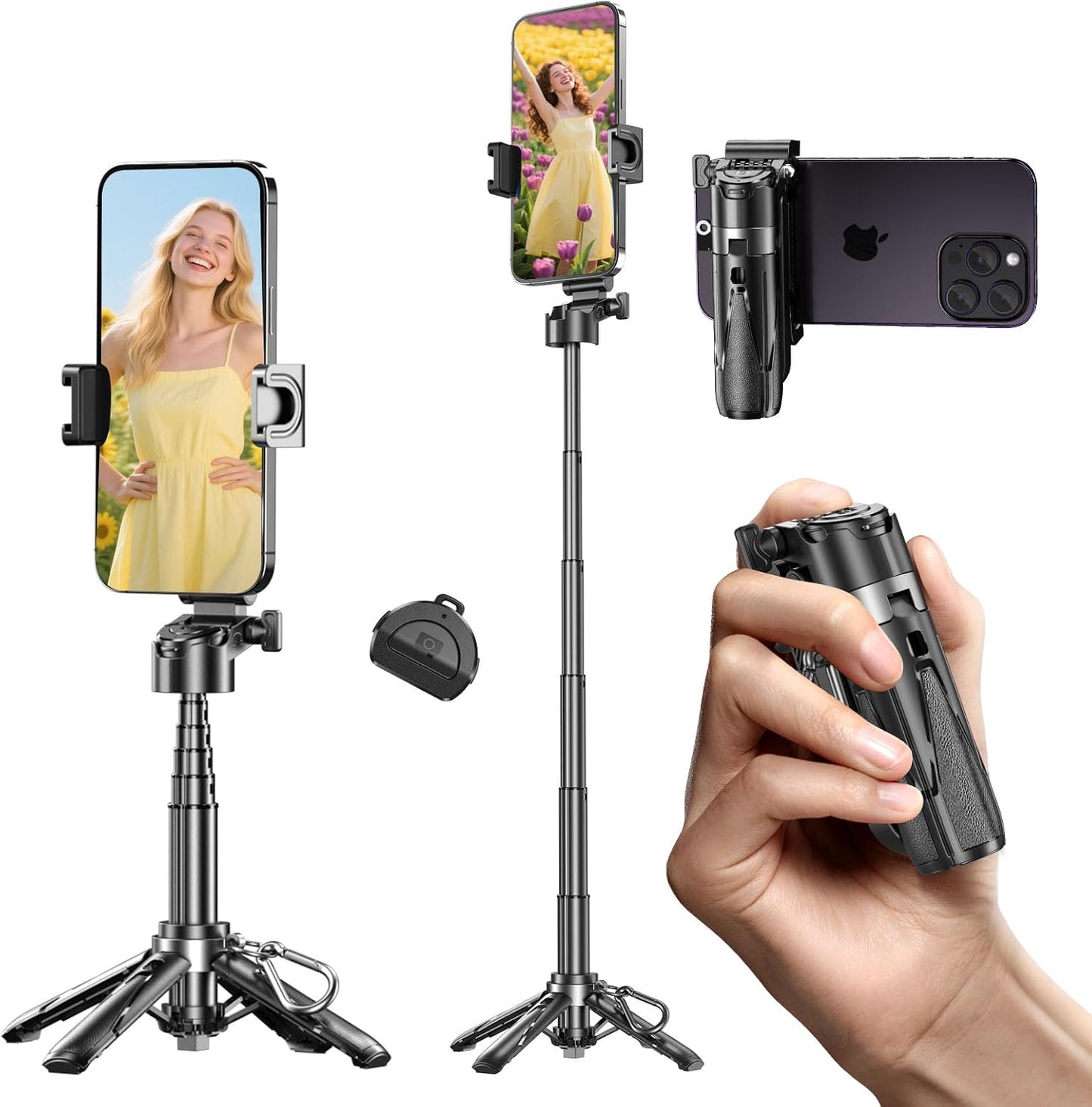 Busdebon 4-in-1 Selfie Sticks for iPhone, Multi-Functional Phone Tripod with Remote Control, Pocket-Sized Mini Selfie