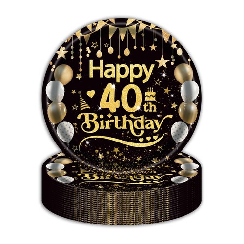 EVYIENEN 50Pcs 40th Birthday Party Paper Plates,7inch Disposable Black and Gold Dessert Party Plates Party Decorations for Men Woman 40th Happy Birthday Wedding Party Supplies