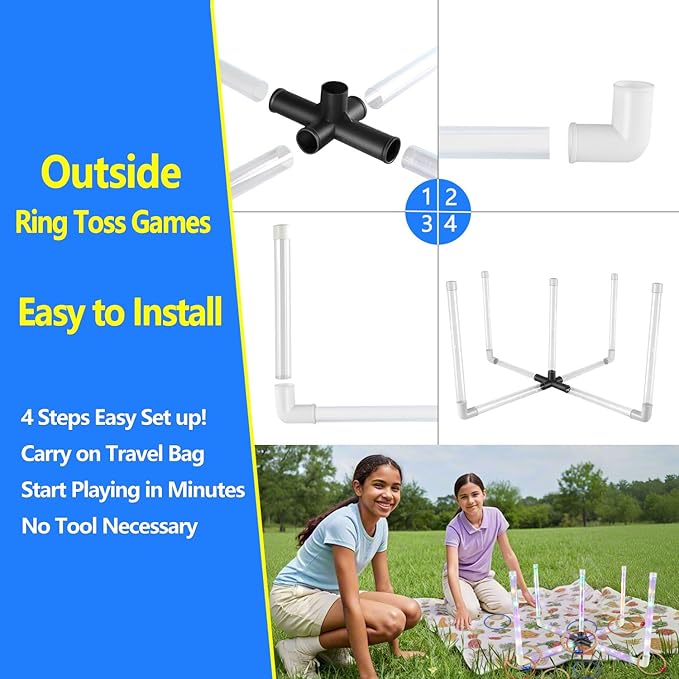Outdoor Ring Toss Game, Upgraded 15-Inch Backyard and Lawn Games for Adults & Kids, Backyard Camping Sports Activities, Best Party Gifts for Ages 8-12+ Years Old, LED Ring Toss with Carry Case