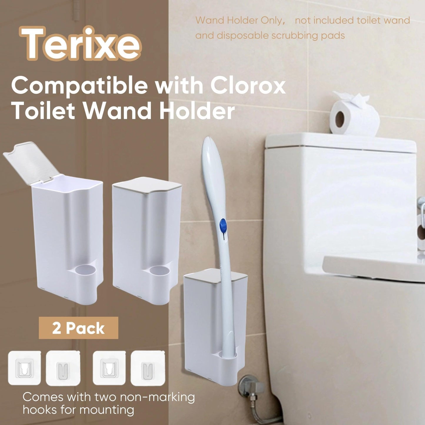 Terixe 2 Pack Holder for Clorox Toilet Wand – Compatible with Clorox Toilet Wand Holder Only, Space-Saving Wall-Mount & Free-Standing Toilet Wand Holder