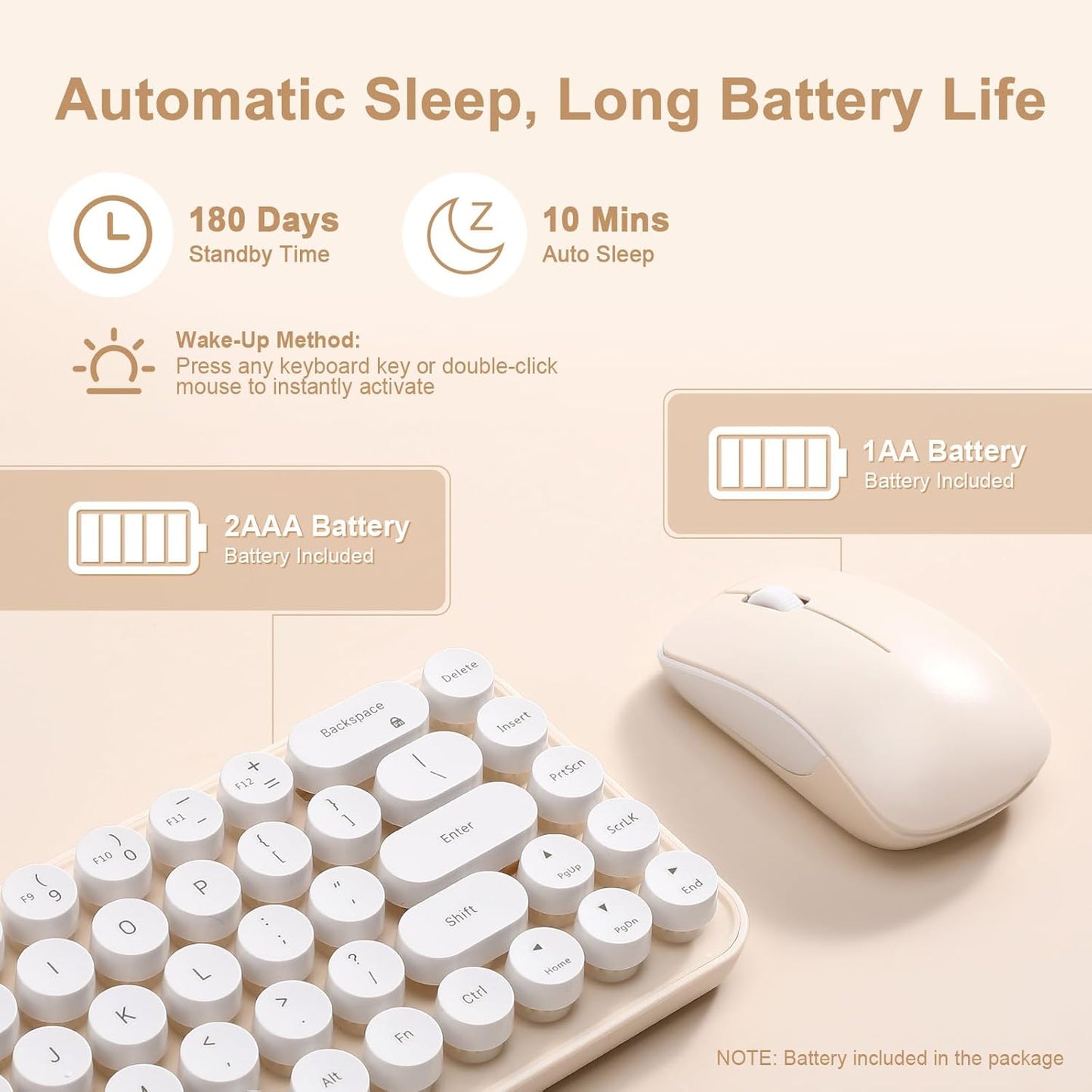 MIKIBY i68 2.4GHz WindowsxP/7/8/10 Wireless Keyboard and Mouse Combo, Retro Typewriter Style Keyboard with Round