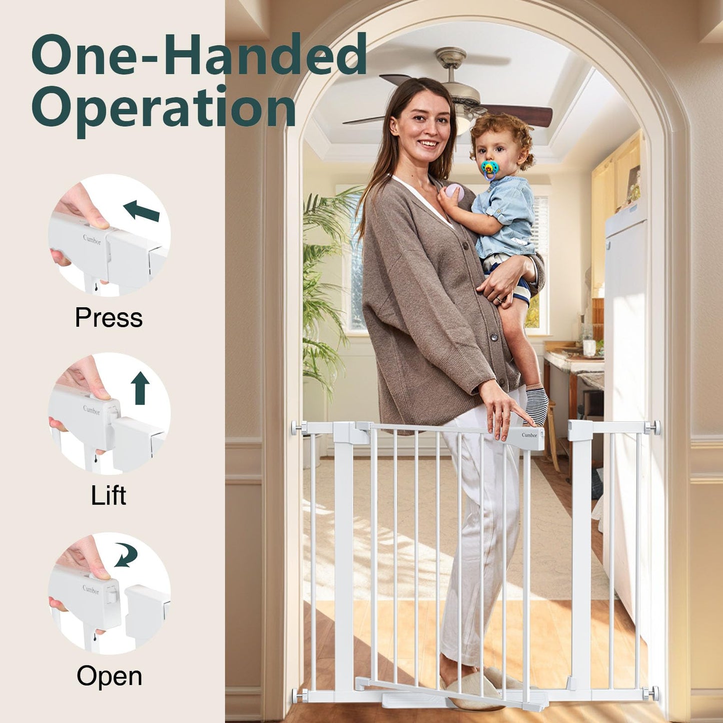 Cumbor 29.7-40.6" Baby Gate for Stairs, Mom's Choice Awards Winner-Dog Gate for Doorways, Pressure Mounted Auto-Close Pet Gates for Dogs Indoor, Safety Child Gate with Easy Walk Thru Door, White