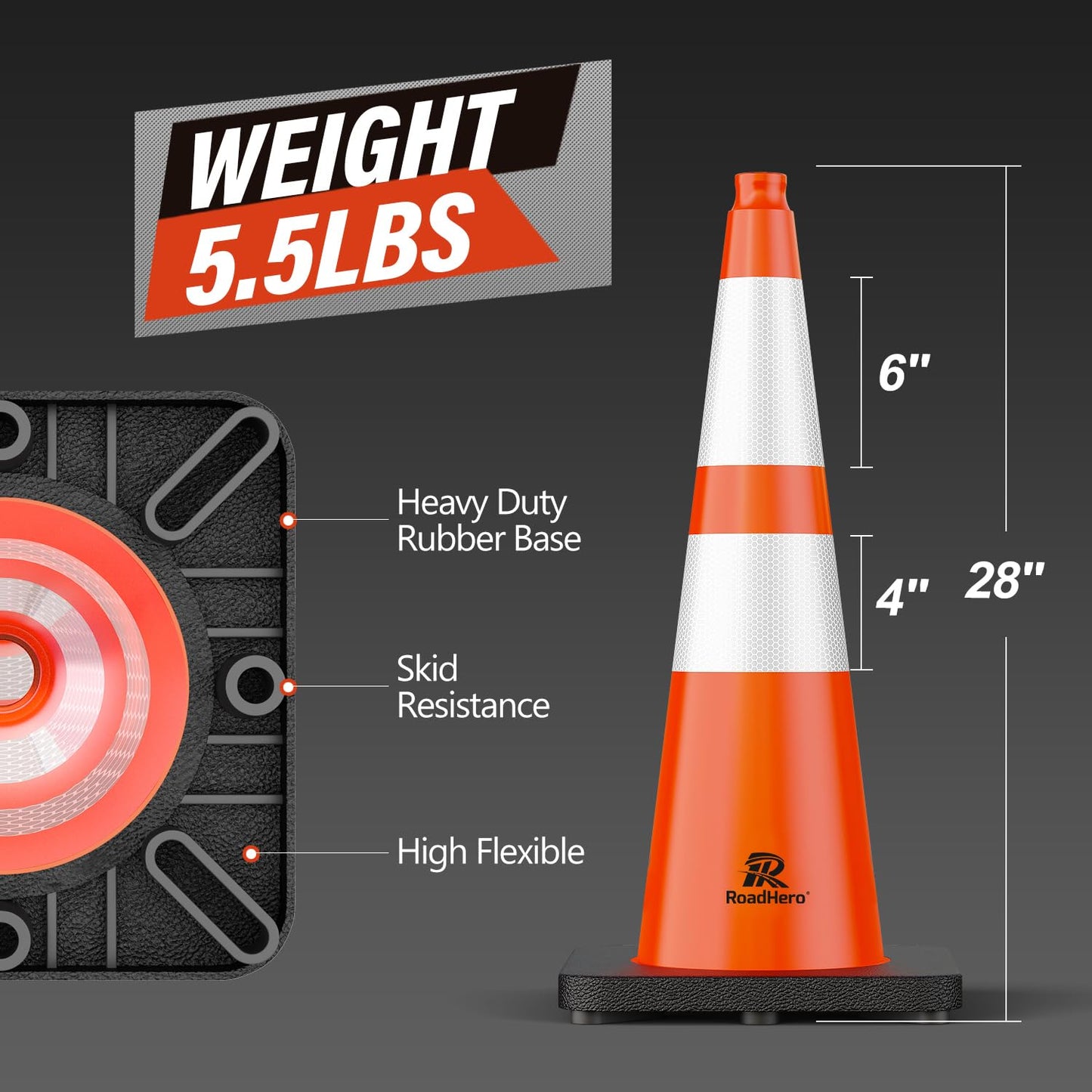 RoadHero 8 Pack 28 Inch 5.5 Lb Traffic Cones with Heavy Black Base, Orange Safety Cone with Reflective Collar for Parking Lot, Construction Work, Road Safety