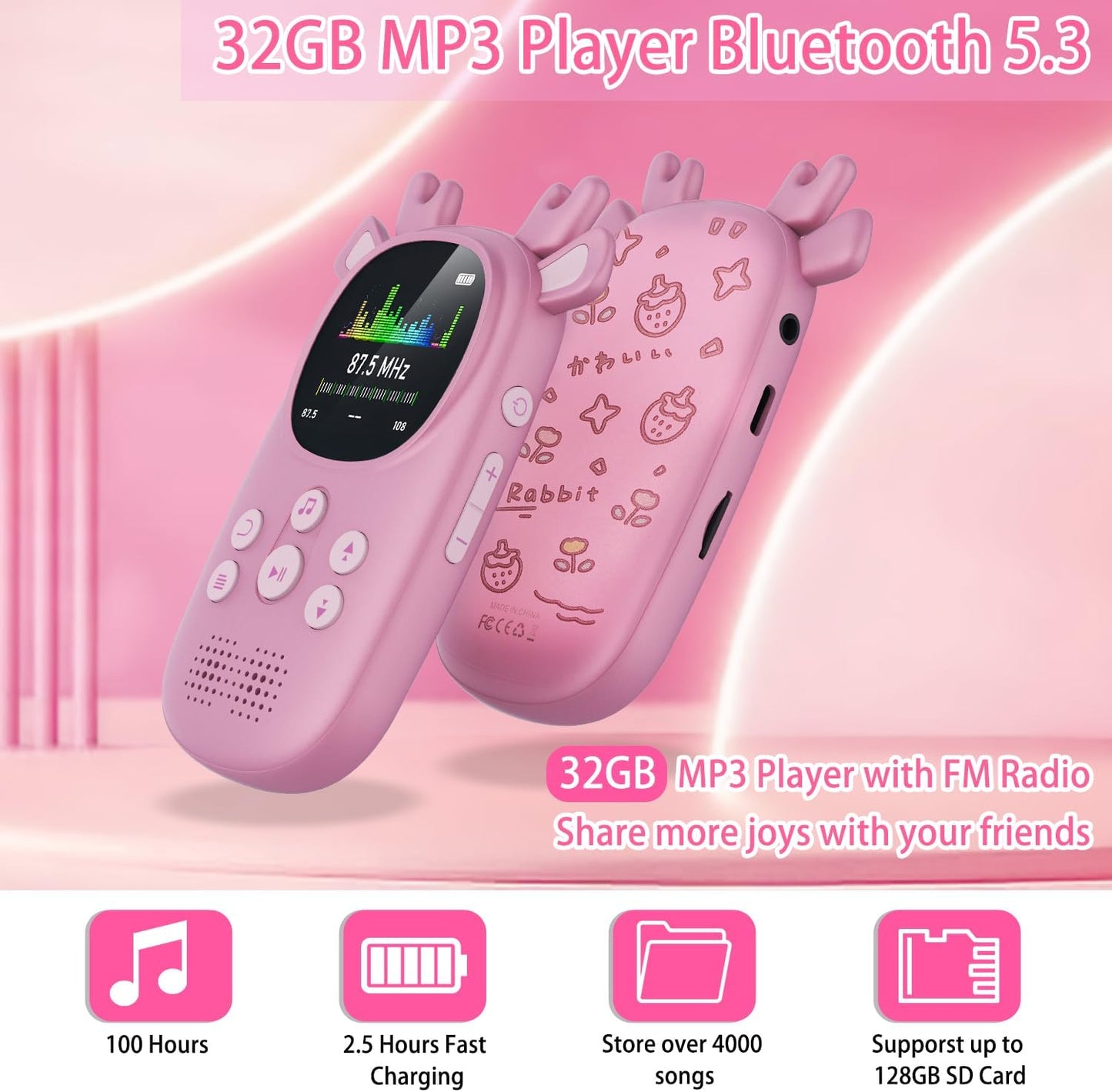 CCHKFEI 32GB MP3 MP3 MP3 MP3 Player for Kids, Cute Reindeer Portable Kids Player with Speakers Children Player