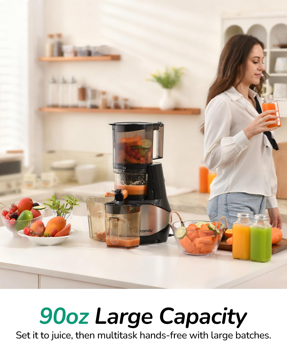 Canoly C09 Cold Press Juicer, 6" Extra Wide Feed Chute, 3-IN-1 Strainers (Juice & Sorbet & Nut Milk), Powerful AC Brushless Motor, Self Precut System, Juicer Machines with BPA-Free (Classic)