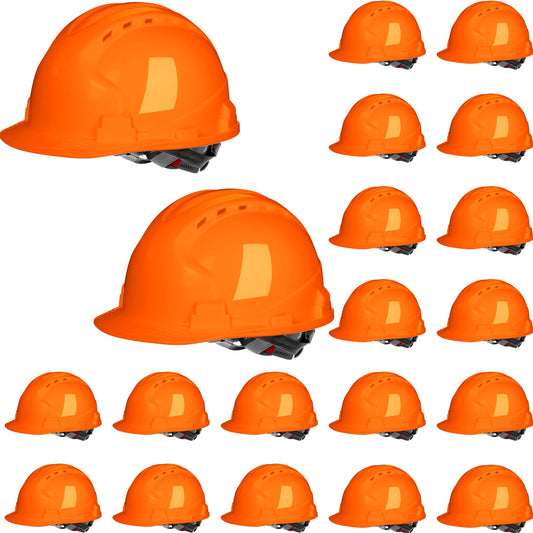 Leumoi 20 Pack 4 Pt. Suspension Hard Hat Bulk Safety Helmets ABS Ratchet Hard Hats Adjustable Construction Hardhats with Vents and Cotton Brow Pad for Men Work Head Protection(Orange,Classic)